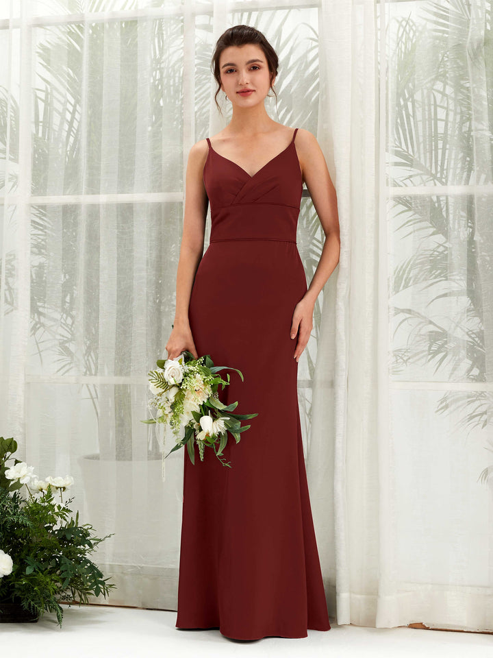 Carlyna Empire-Linie V-Ausschnitt Bodenlang Satin Brautjungfernkleid Burgunderrot 