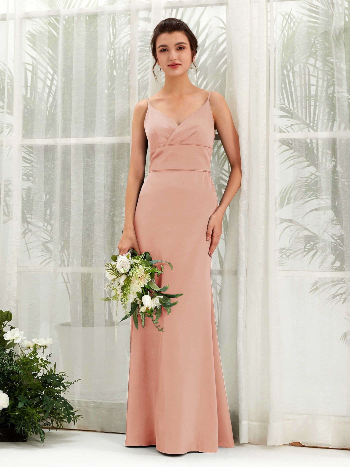 Carlyna Empire-Linie V-Ausschnitt Bodenlang Satin Brautjungfernkleid Cantaloupe #farbe_cantaloupe
