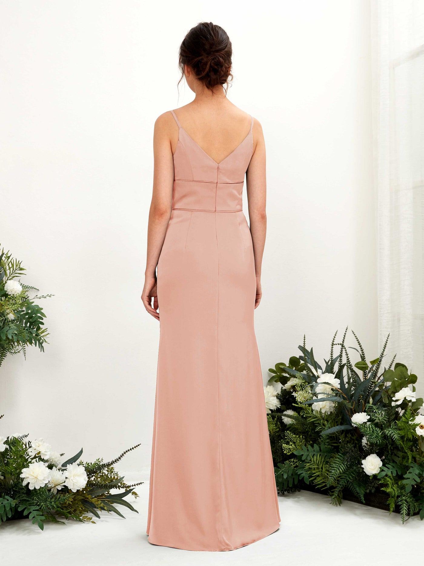 Carlyna Empire-Linie V-Ausschnitt Bodenlang Satin Brautjungfernkleid Cantaloupe #farbe_cantaloupe