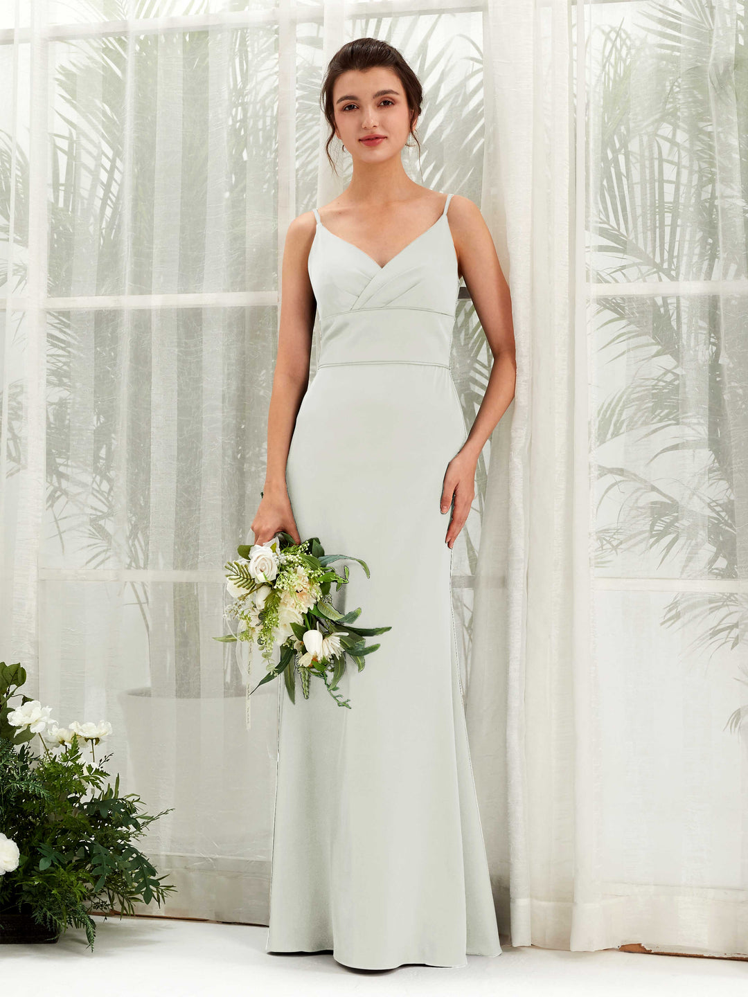 Carlyna Empire-Linie V-Ausschnitt Bodenlang Satin Brautjungfernkleid Elfenbein 