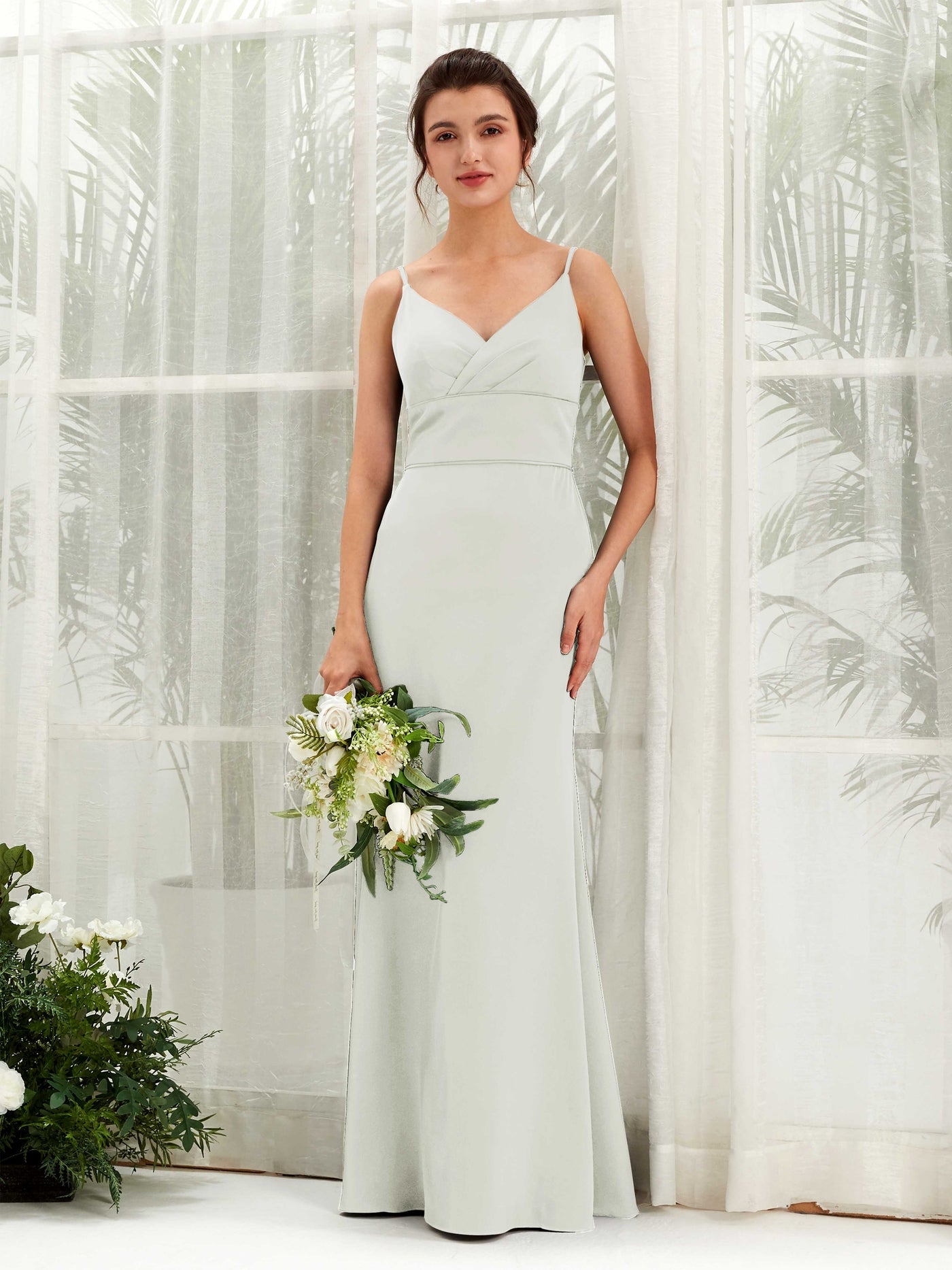 Carlyna Empire-Linie V-Ausschnitt Bodenlang Satin Brautjungfernkleid Elfenbein #farbe_elfenbein
