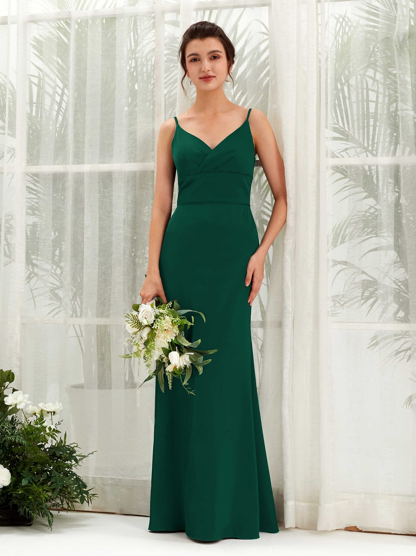 Carlyna Empire-Linie V-Ausschnitt Bodenlang Satin Brautjungfernkleid Jägergrün #farbe_j-gergr-n