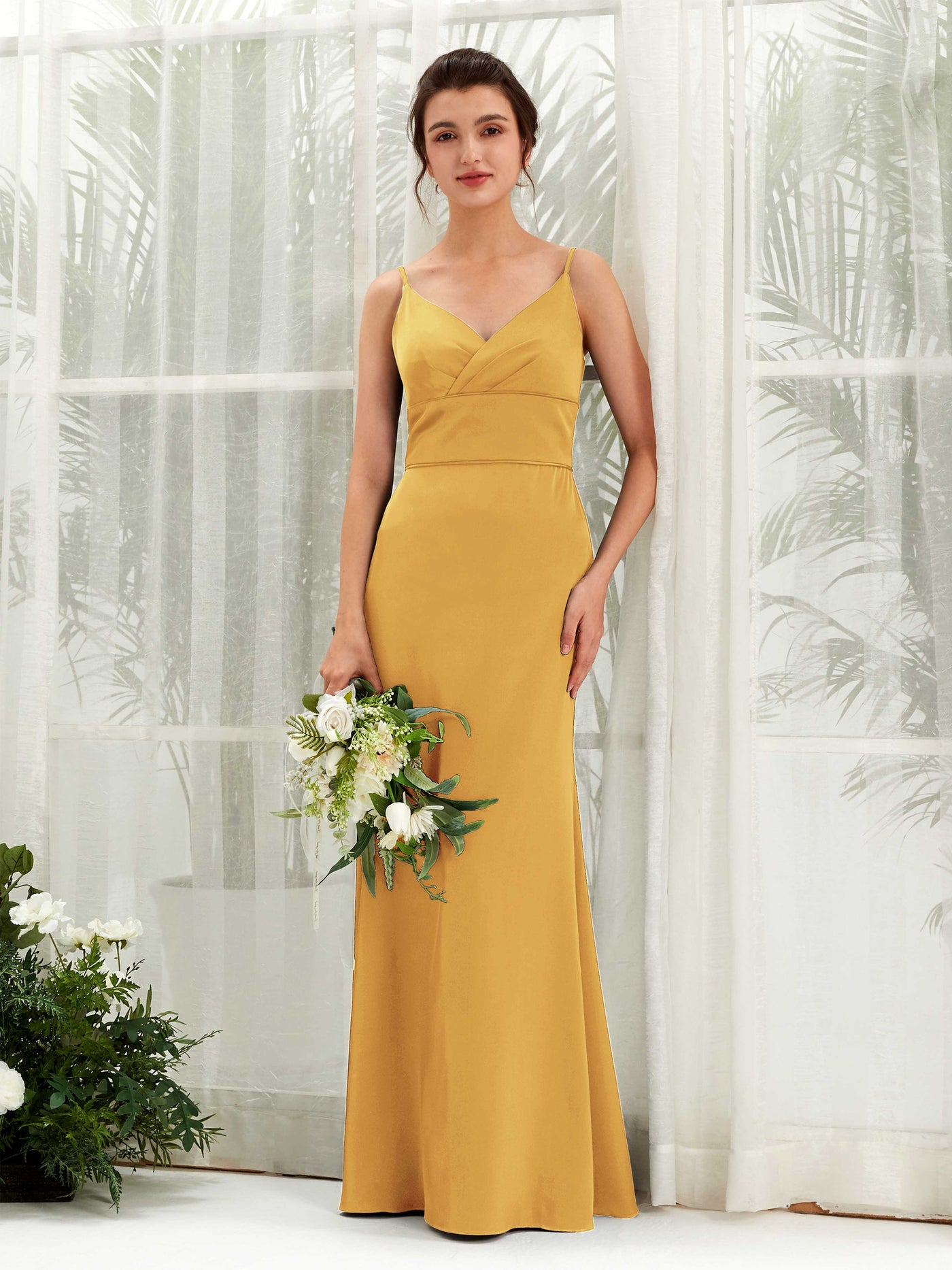 Carlyna Empire-Linie V-Ausschnitt Bodenlang Satin Brautjungfernkleid Kanariengelb #farbe_kanariengelb