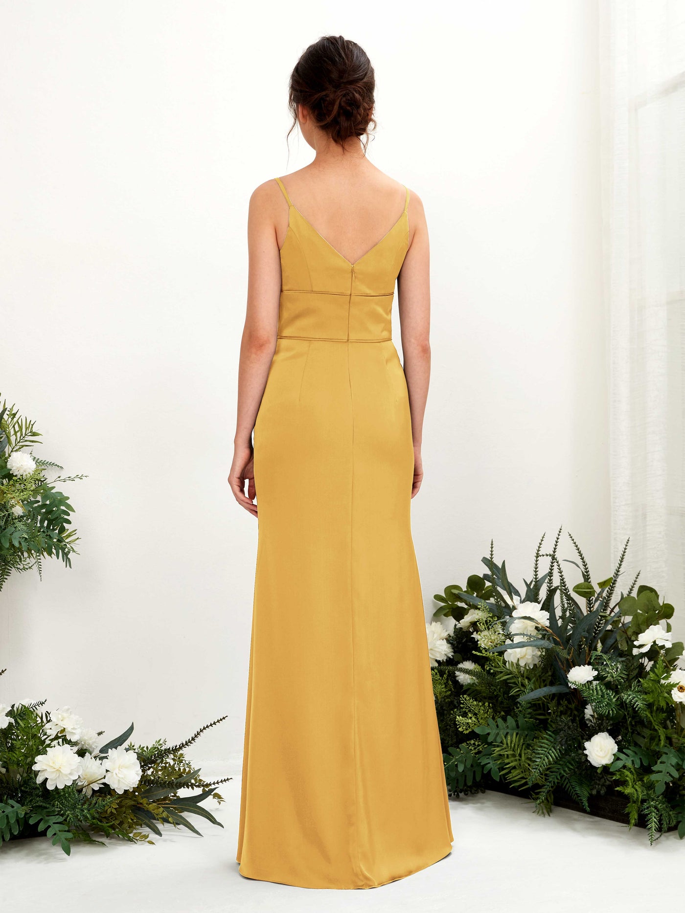 Carlyna Empire-Linie V-Ausschnitt Bodenlang Satin Brautjungfernkleid Kanariengelb #farbe_kanariengelb