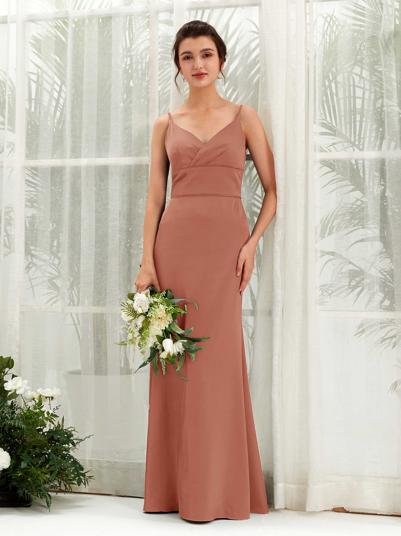 Carlyna Empire-Linie V-Ausschnitt Bodenlang Satin Brautjungfernkleid Natur-Siena #farbe_natur-siena
