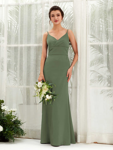 Carlyna Empire-Linie V-Ausschnitt Bodenlang Satin Brautjungfernkleid Olivgrün #farbe_olivgr-n