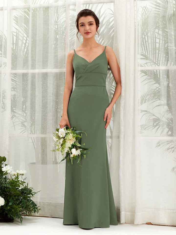 Carlyna Empire-Linie V-Ausschnitt Bodenlang Satin Brautjungfernkleid Olivgrün 