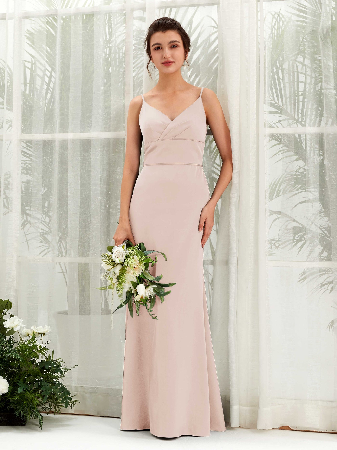 Carlyna Empire-Linie V-Ausschnitt Bodenlang Satin Brautjungfernkleid Perlrosa #farbe_perlrosa