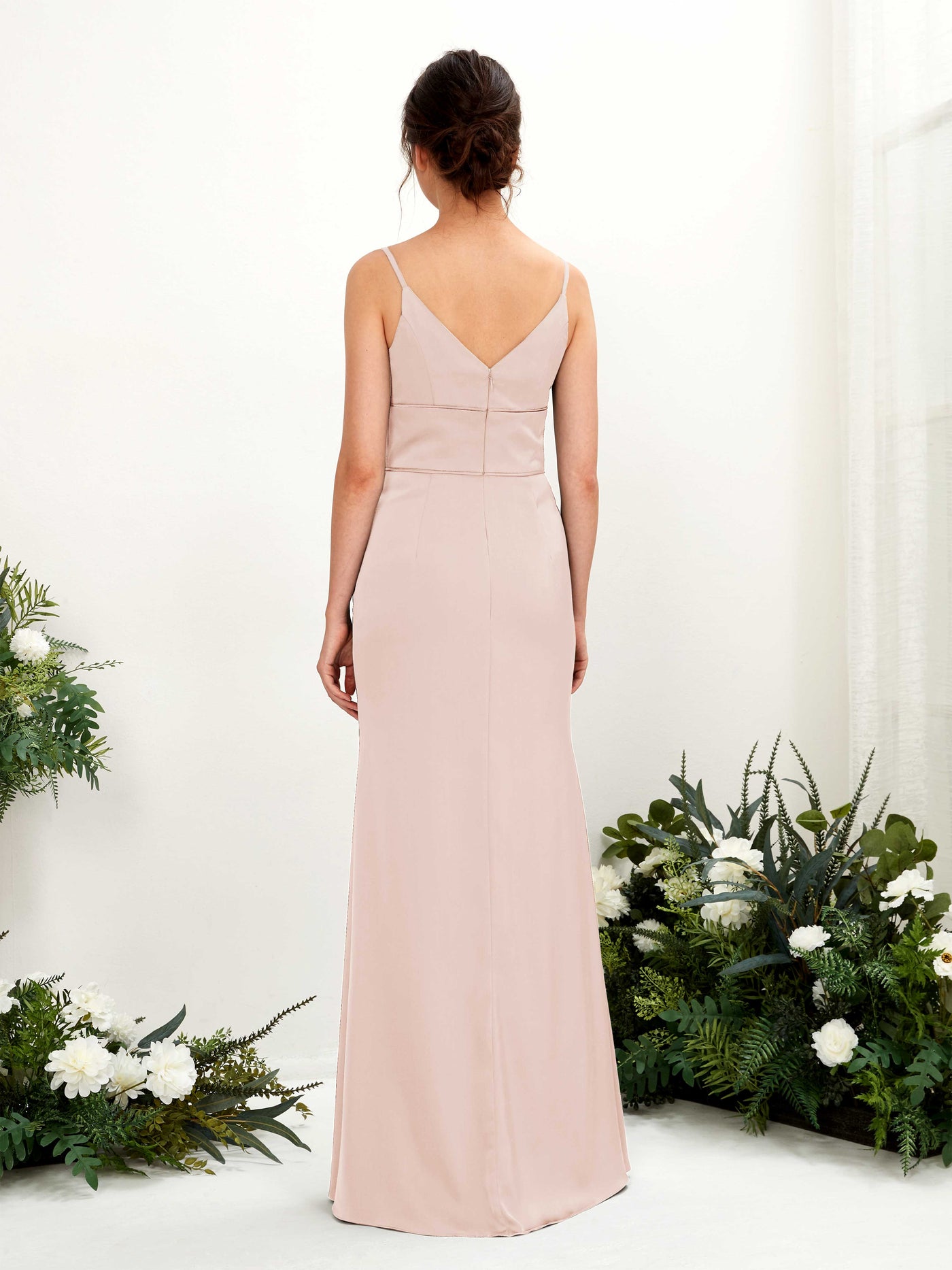 Carlyna Empire-Linie V-Ausschnitt Bodenlang Satin Brautjungfernkleid Perlrosa #farbe_perlrosa