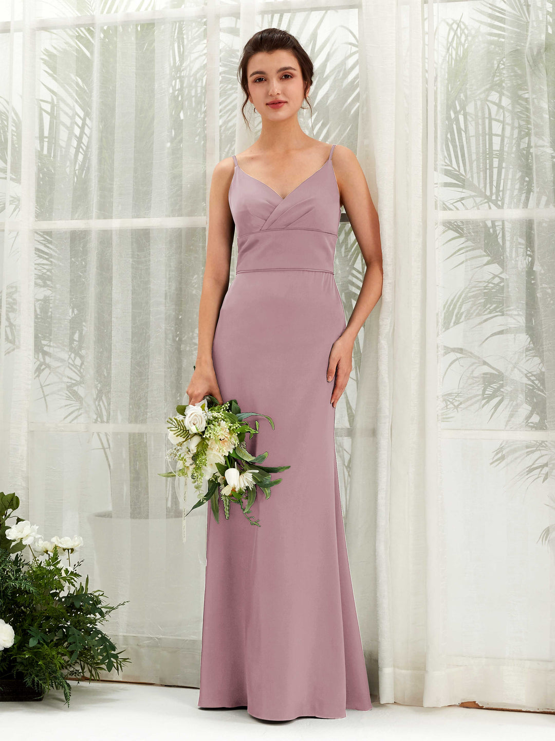 Carlyna Empire-Linie V-Ausschnitt Bodenlang Satin Brautjungfernkleid Rosenquarz 