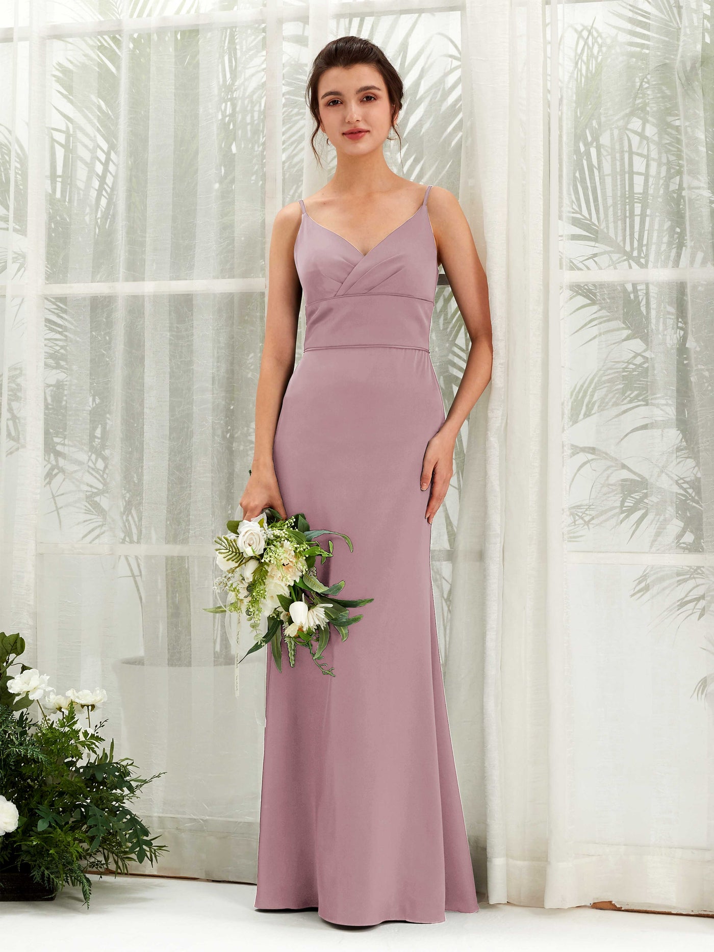 Carlyna Empire-Linie V-Ausschnitt Bodenlang Satin Brautjungfernkleid Rosenquarz #farbe_rosenquarz