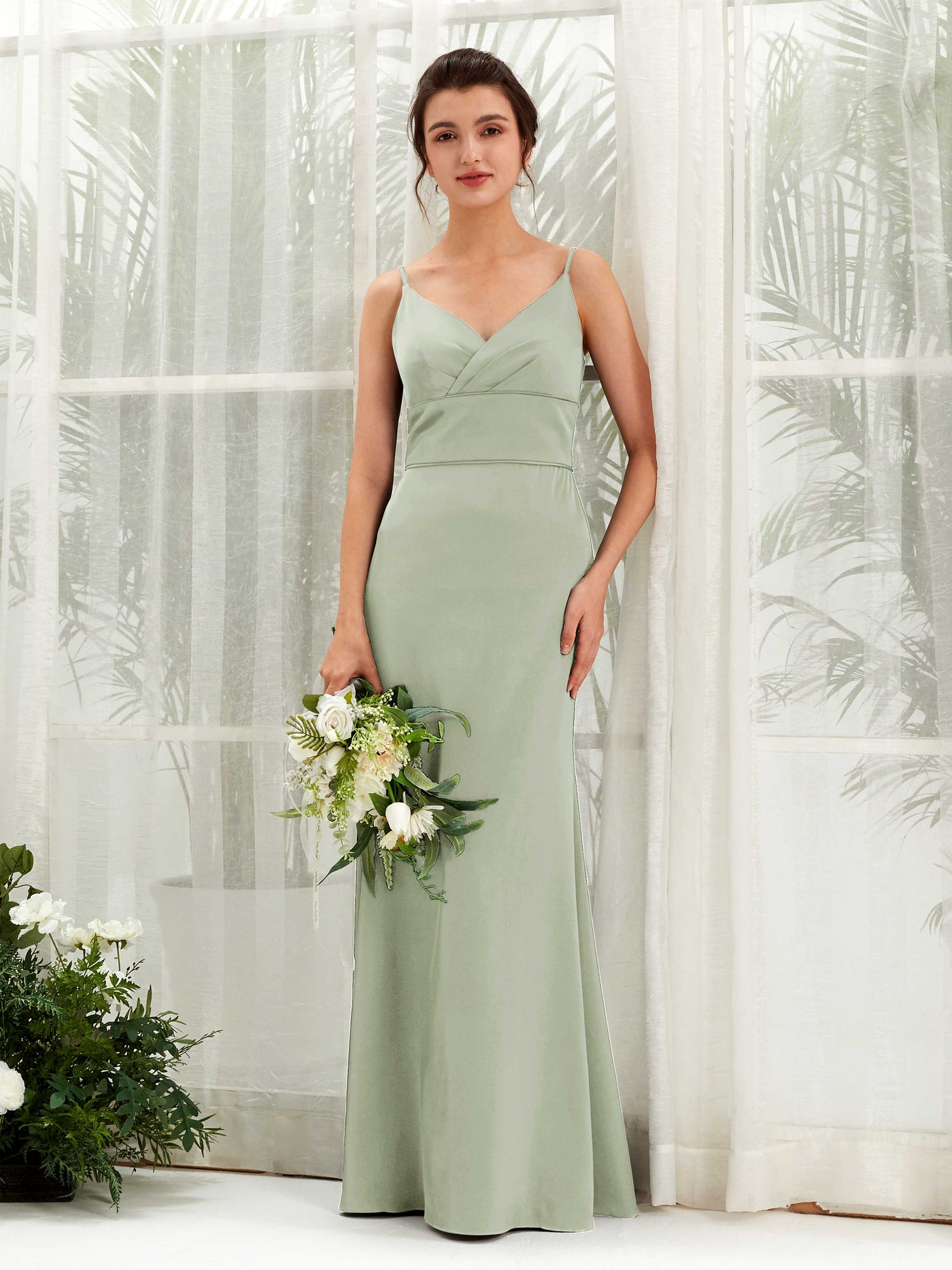 Carlyna Empire-Linie V-Ausschnitt Bodenlang Satin Brautjungfernkleid Salbeigrün #farbe_salbeigr-n