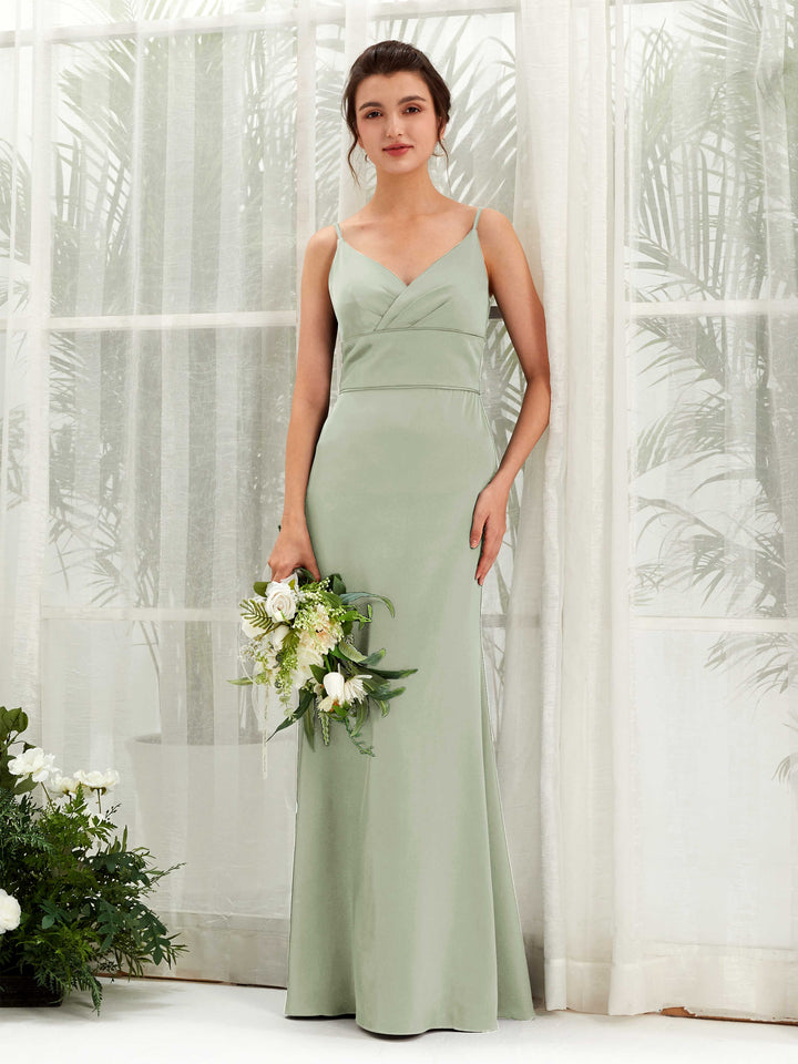 Carlyna Empire-Linie V-Ausschnitt Bodenlang Satin Brautjungfernkleid Salbeigrün 
