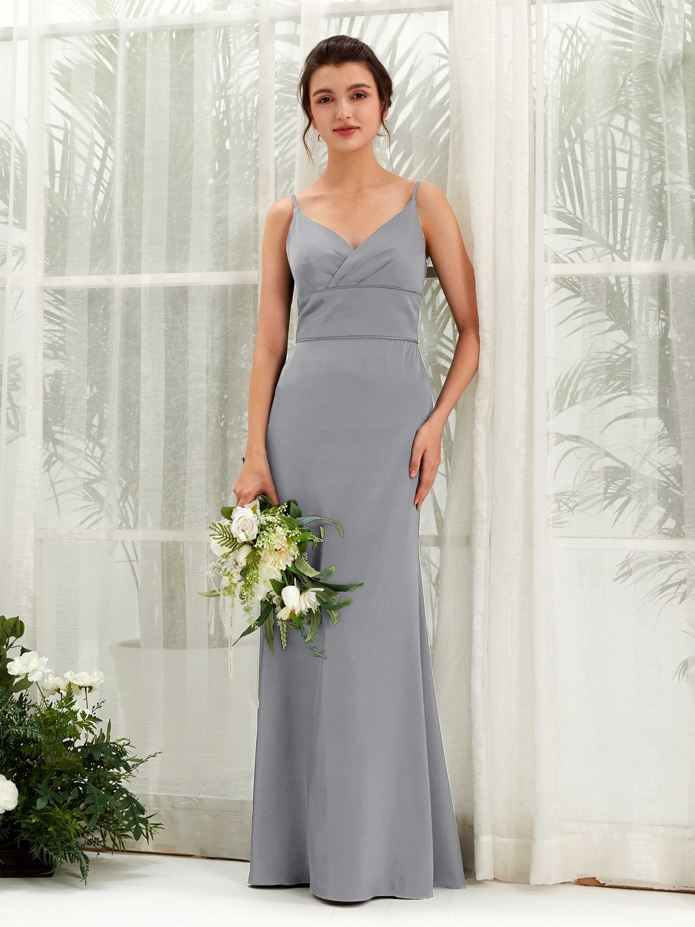 Carlyna Empire-Linie V-Ausschnitt Bodenlang Satin Brautjungfernkleid Stahlgrau #farbe_stahlgrau