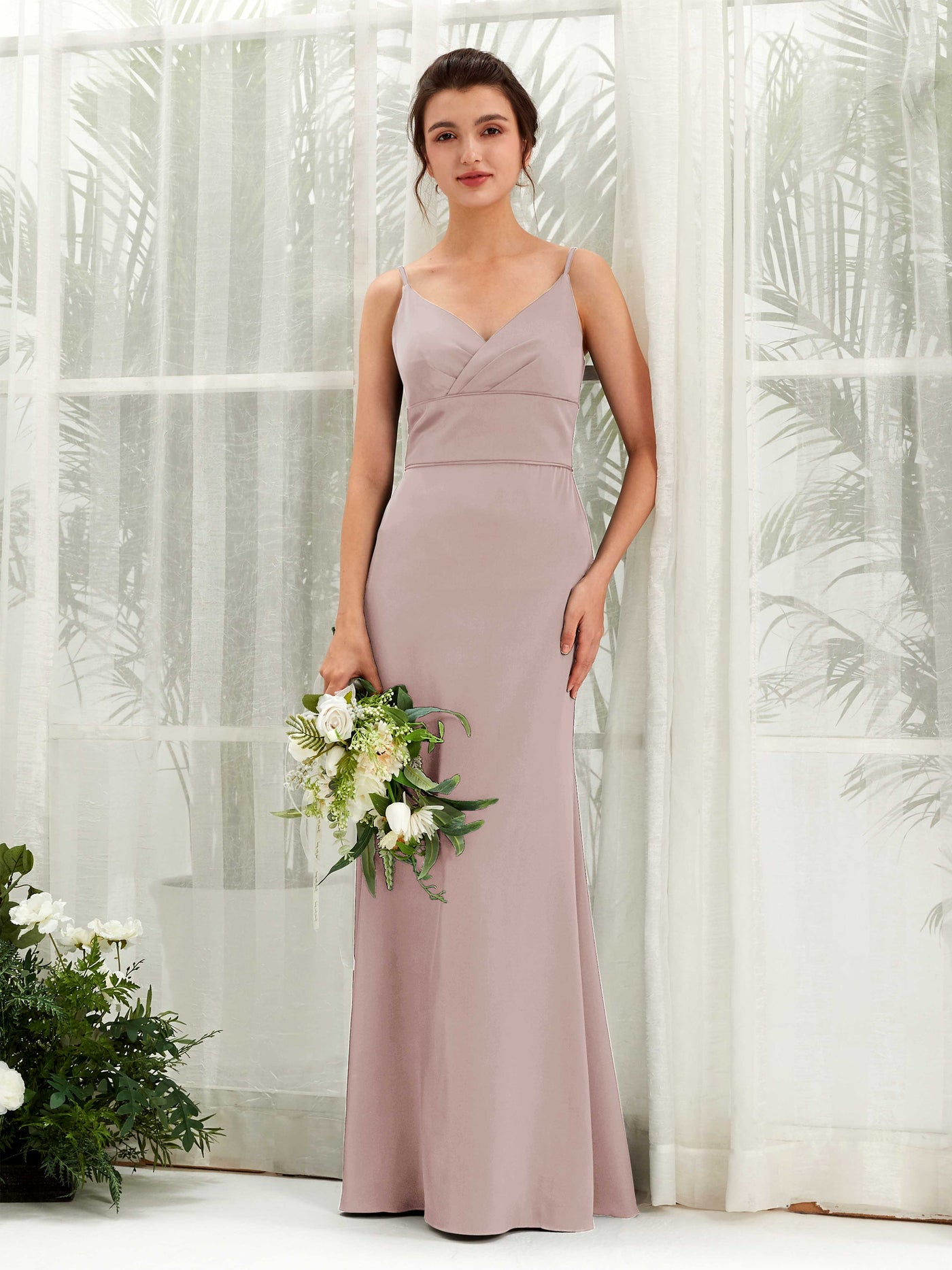 Carlyna Empire-Linie V-Ausschnitt Bodenlang Satin Brautjungfernkleid Staubige Rose #farbe_staubige-rose