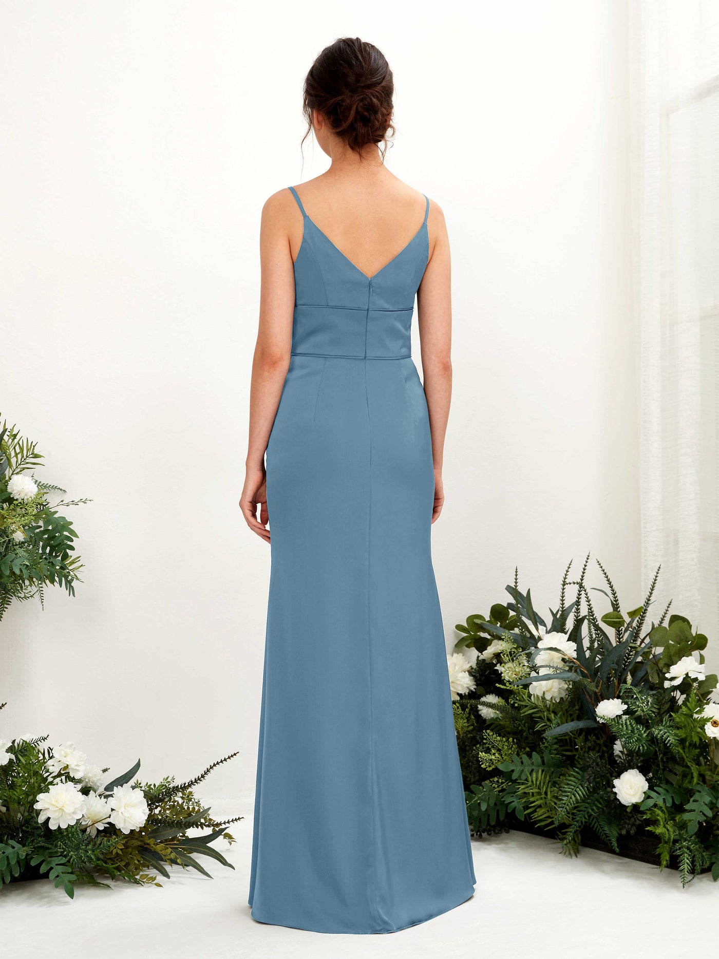 Carlyna Empire-Linie V-Ausschnitt Bodenlang Satin Brautjungfernkleid Tinte Blau #farbe_tinte-blau