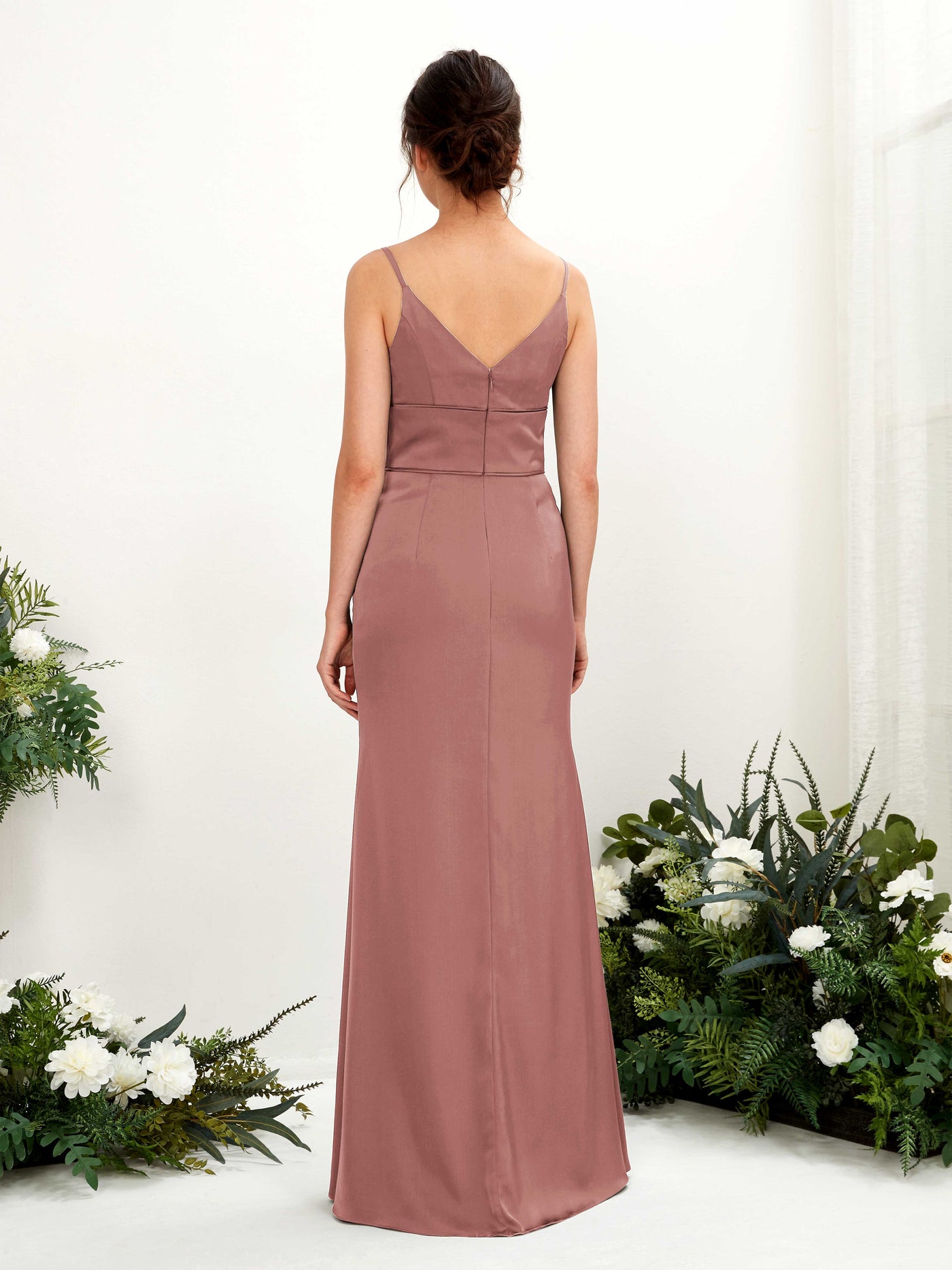 Carlyna Empire-Linie V-Ausschnitt Bodenlang Satin Brautjungfernkleid Wüstenrose #farbe_w-stenrose