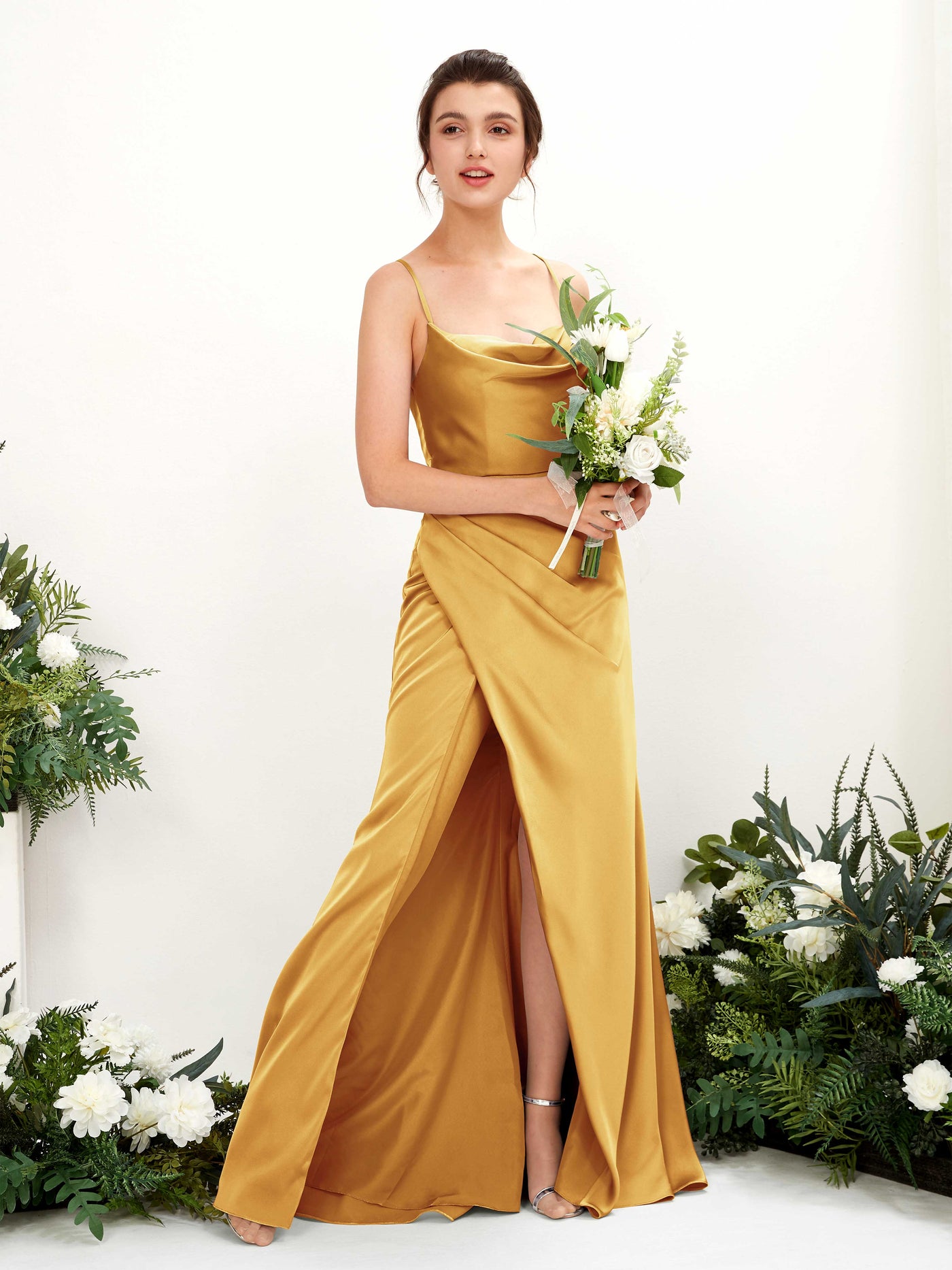 Carlyna Empire-Linie Wasserfall-Ausschnitt Bodenlanges Abendkleid Brautjungfernkleid Kanariengelb #farbe_kanariengelb