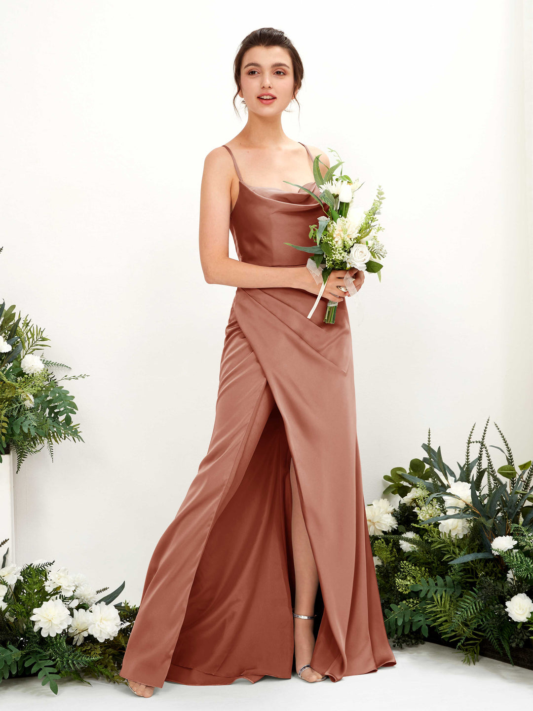 Carlyna Empire-Linie Wasserfall-Ausschnitt Bodenlanges Abendkleid Brautjungfernkleid Natur-Siena 