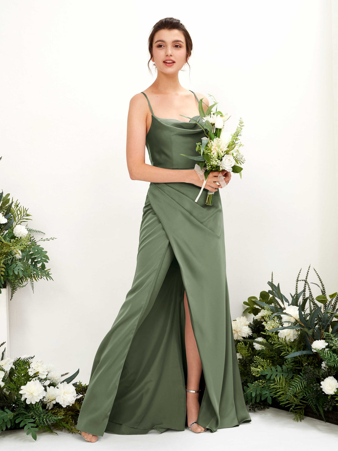 Carlyna Empire-Linie Wasserfall-Ausschnitt Bodenlanges Abendkleid Brautjungfernkleid Olivgrün 