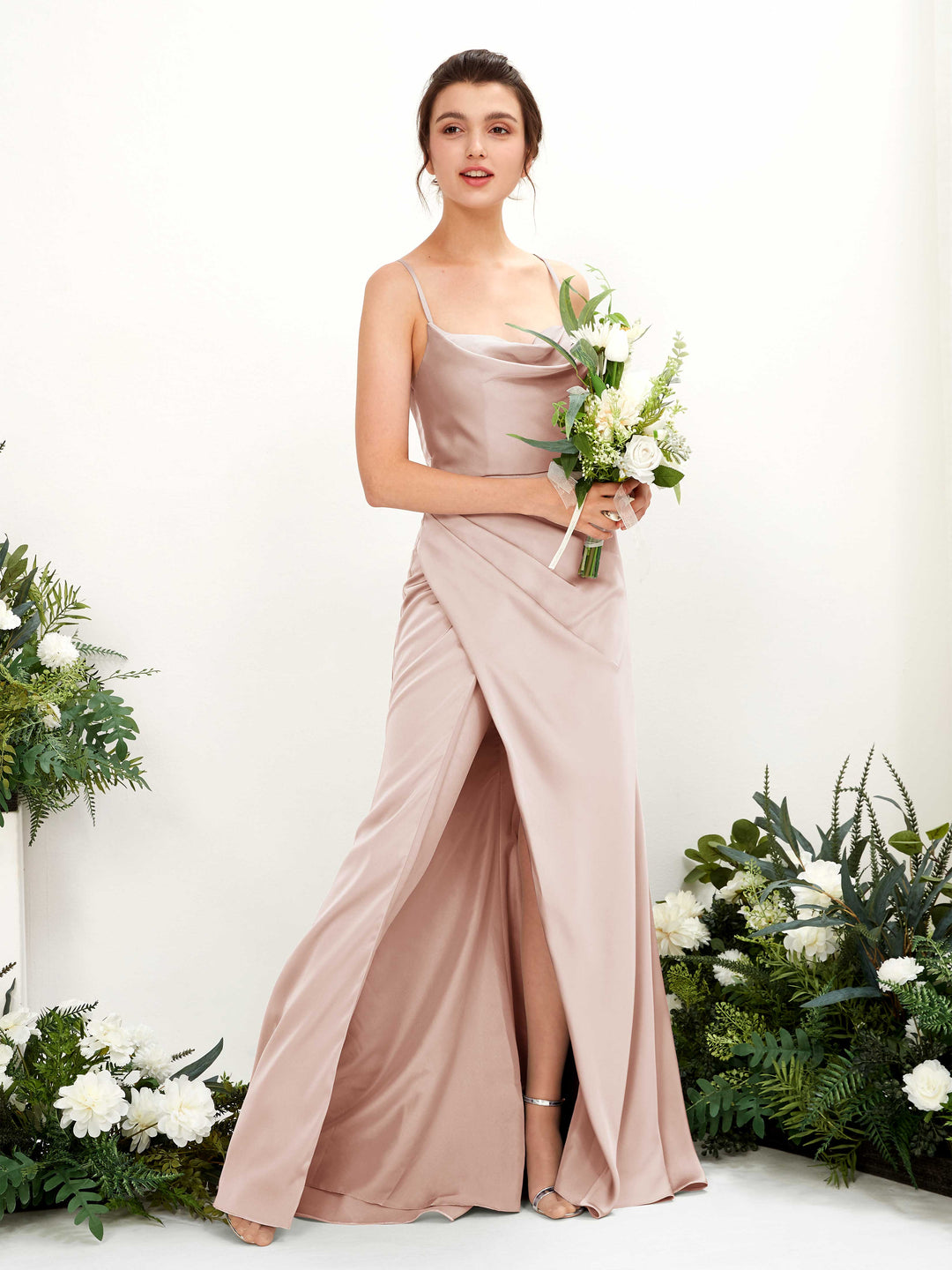 Carlyna Empire-Linie Wasserfall-Ausschnitt Bodenlanges Abendkleid Brautjungfernkleid Perlrosa 