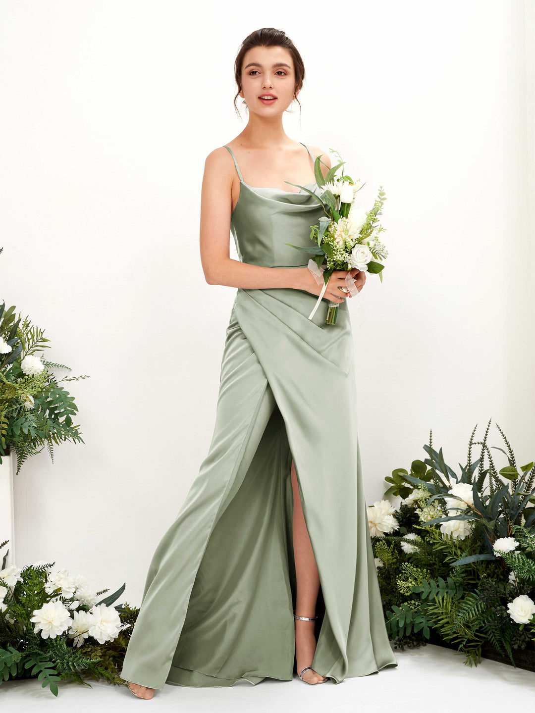 Carlyna Empire-Linie Wasserfall-Ausschnitt Bodenlanges Abendkleid Brautjungfernkleid Salbeigrün 