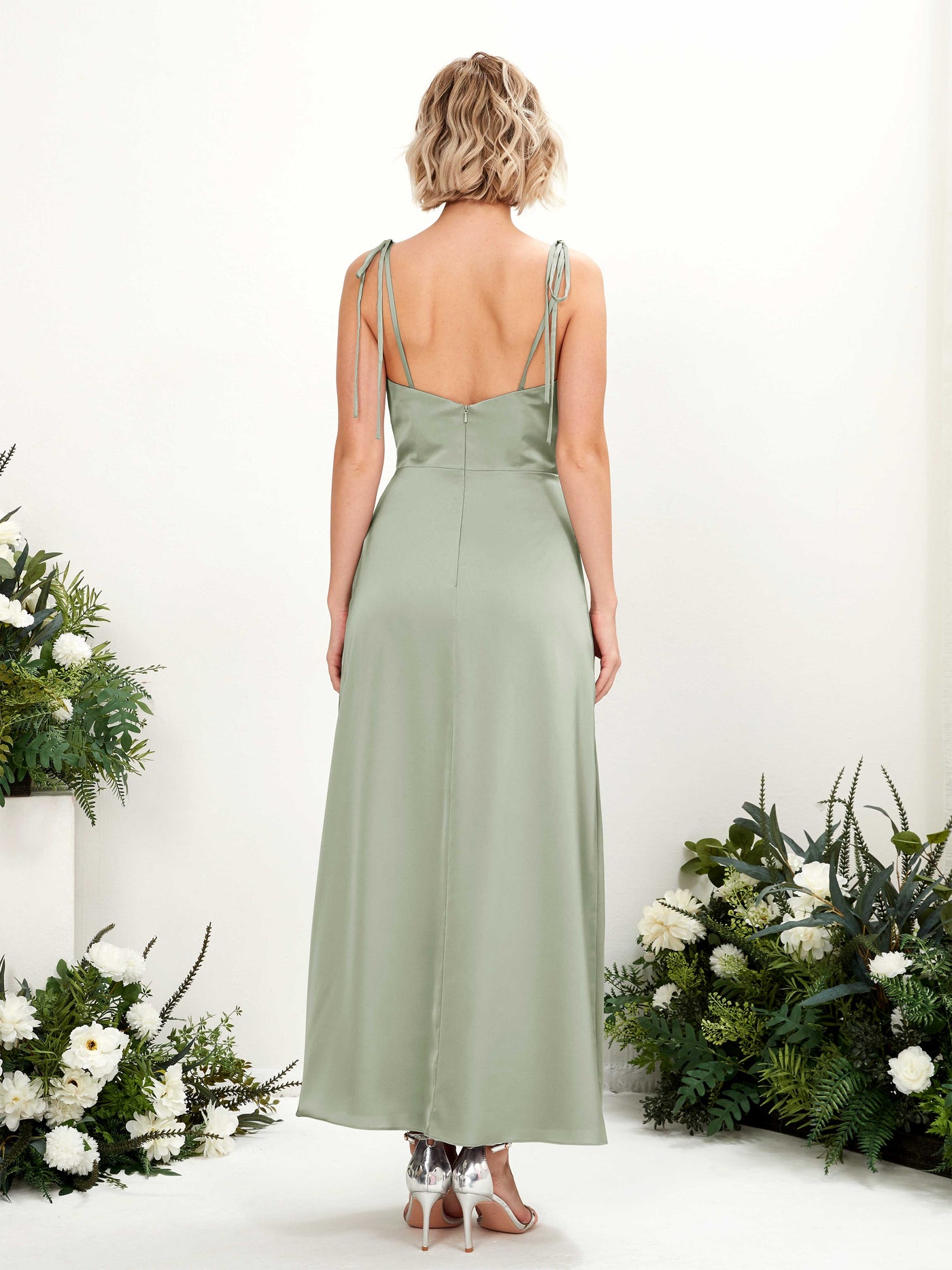 Carlyna Empire-Linie Wasserfall-Ausschnitt Wadenlang Satin Brautjungfernkleid mit Beinschlitz Salbeigrün #farbe_salbeigr-n