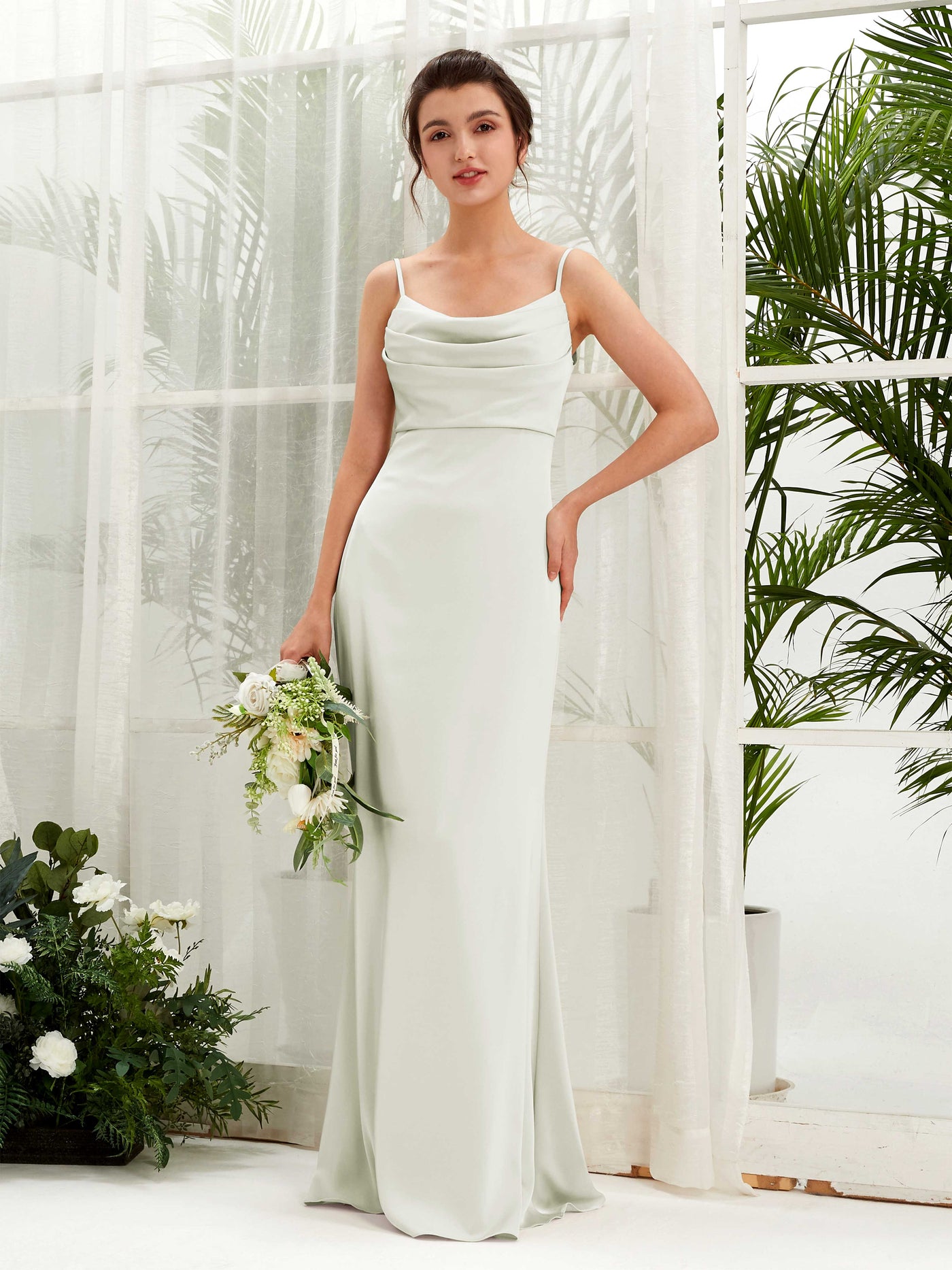 Carlyna Empire-Linie Wasserfall Bodenlang Gerafft Satin Brautjungfernkleider Elfenbein #farbe_elfenbein