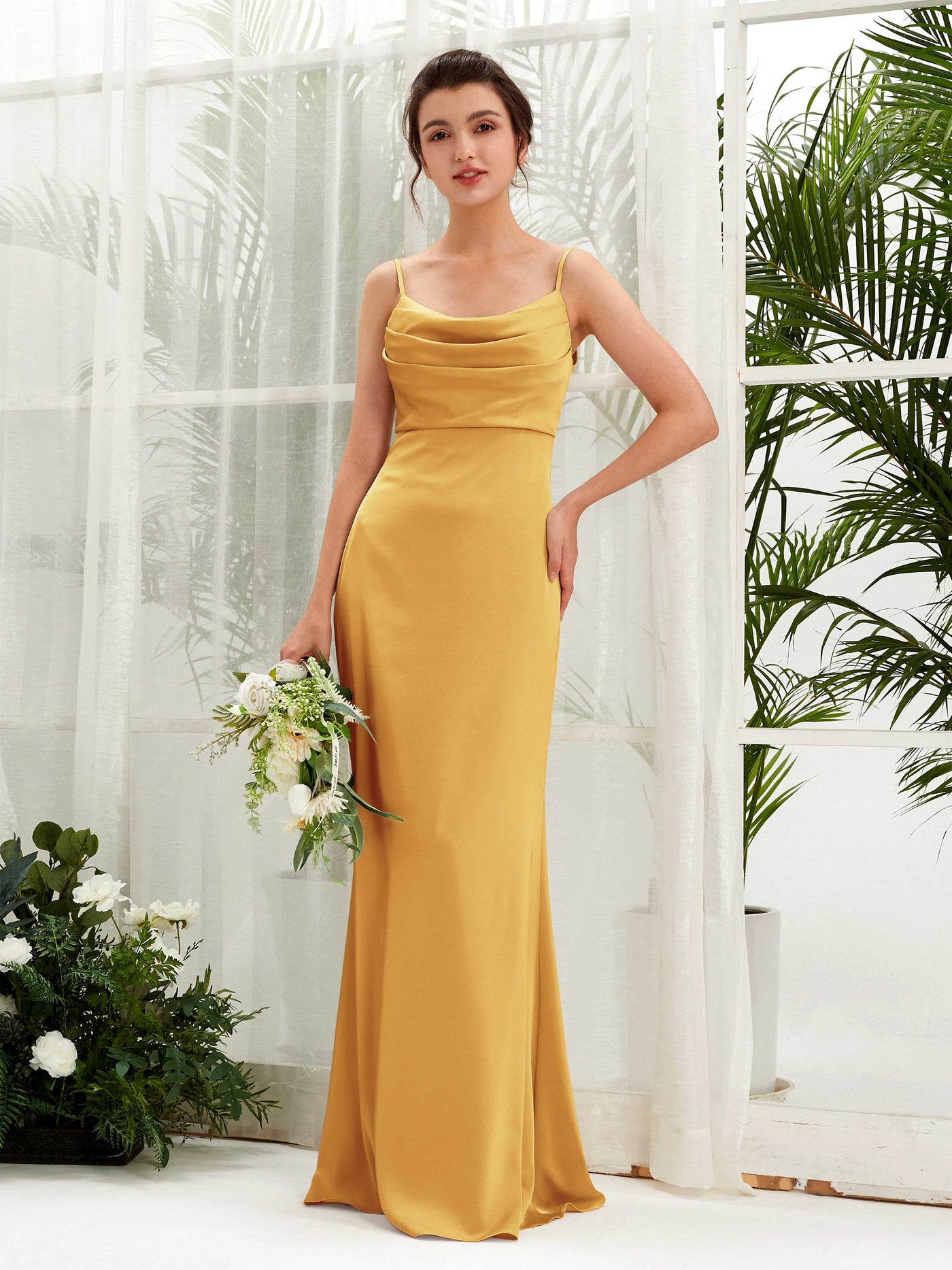 Carlyna Empire-Linie Wasserfall Bodenlang Gerafft Satin Brautjungfernkleider Kanariengelb #farbe_kanariengelb
