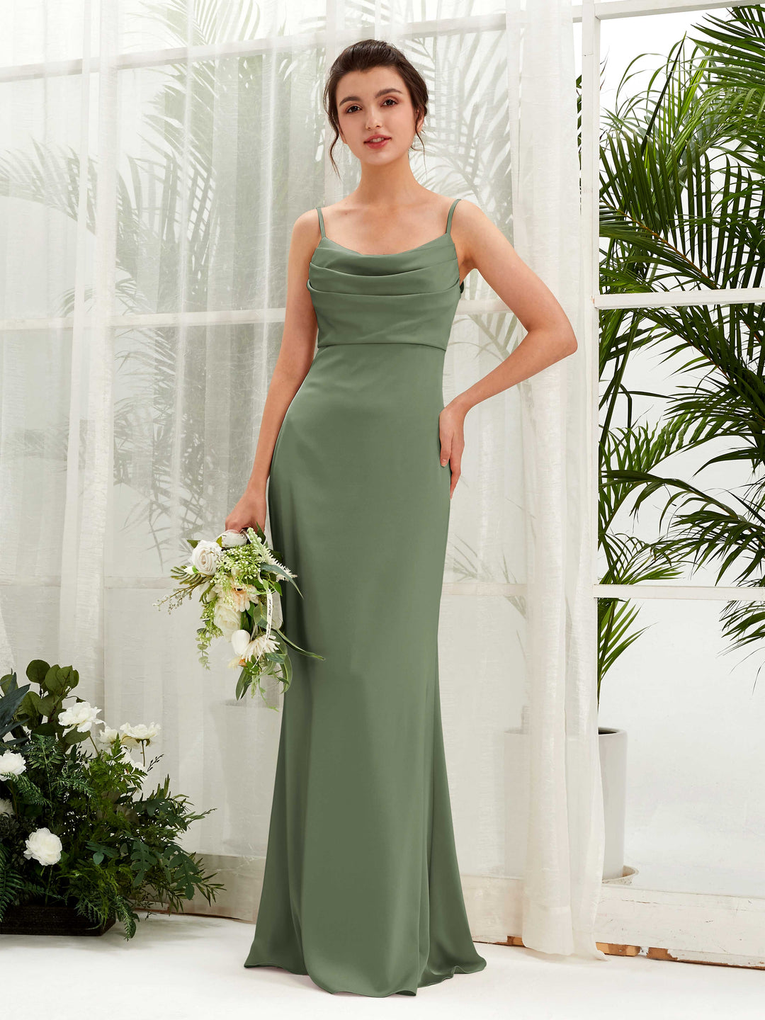 Carlyna Empire-Linie Wasserfall Bodenlang Gerafft Satin Brautjungfernkleider Olivgrün 