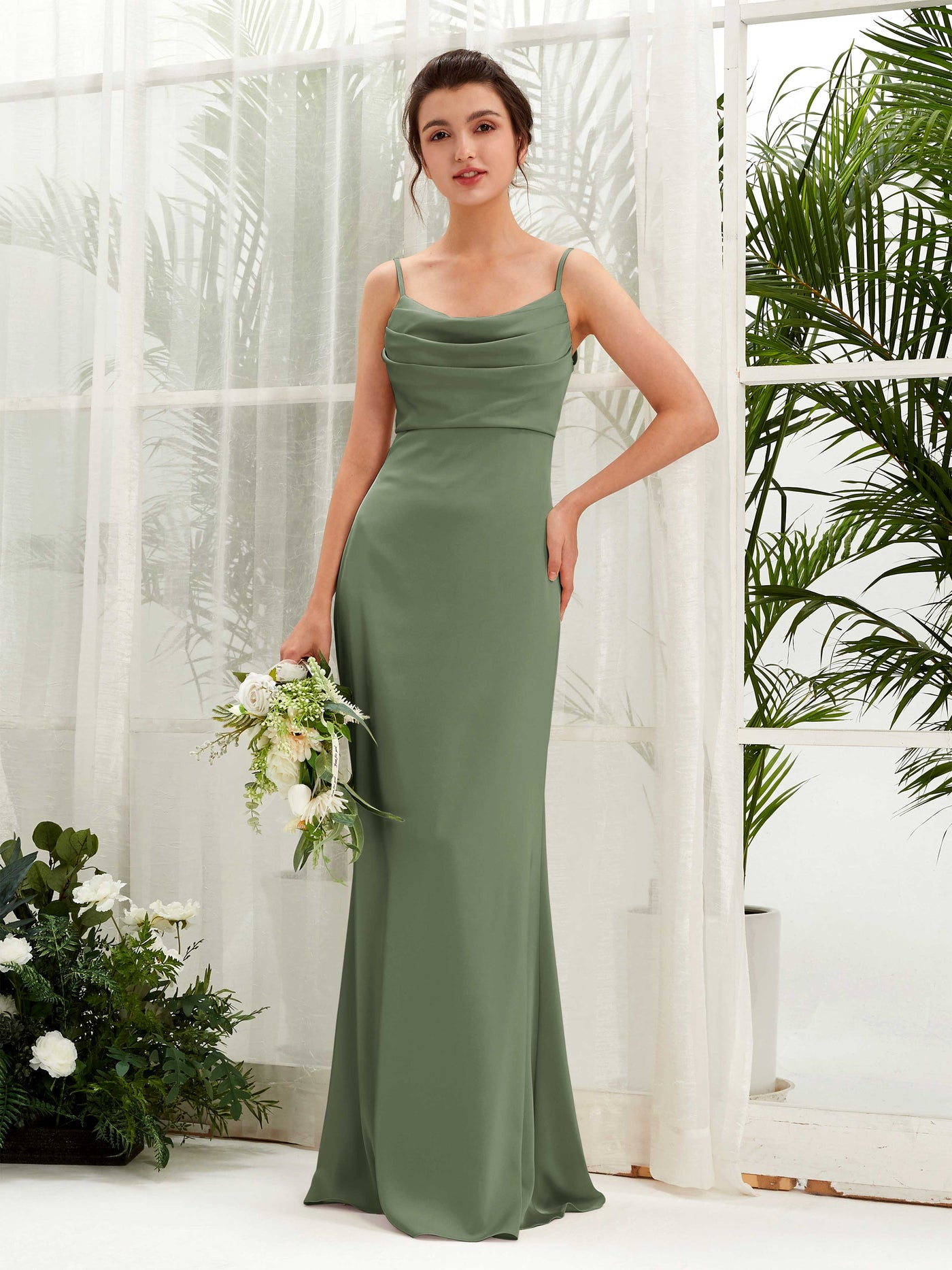 Carlyna Empire-Linie Wasserfall Bodenlang Gerafft Satin Brautjungfernkleider Olivgrün #farbe_olivgr-n