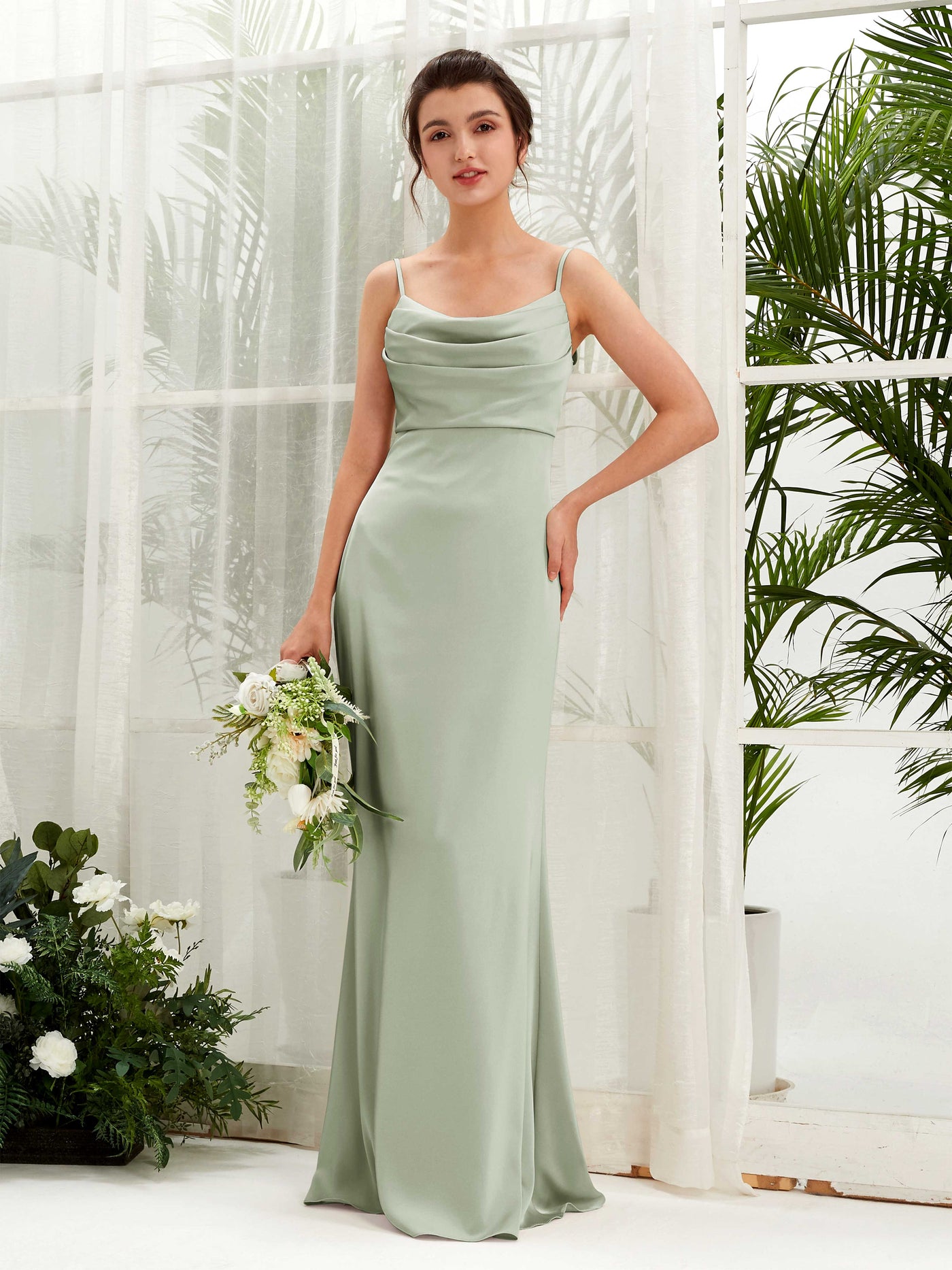 Carlyna Empire-Linie Wasserfall Bodenlang Gerafft Satin Brautjungfernkleider Salbeigrün #farbe_salbeigr-n
