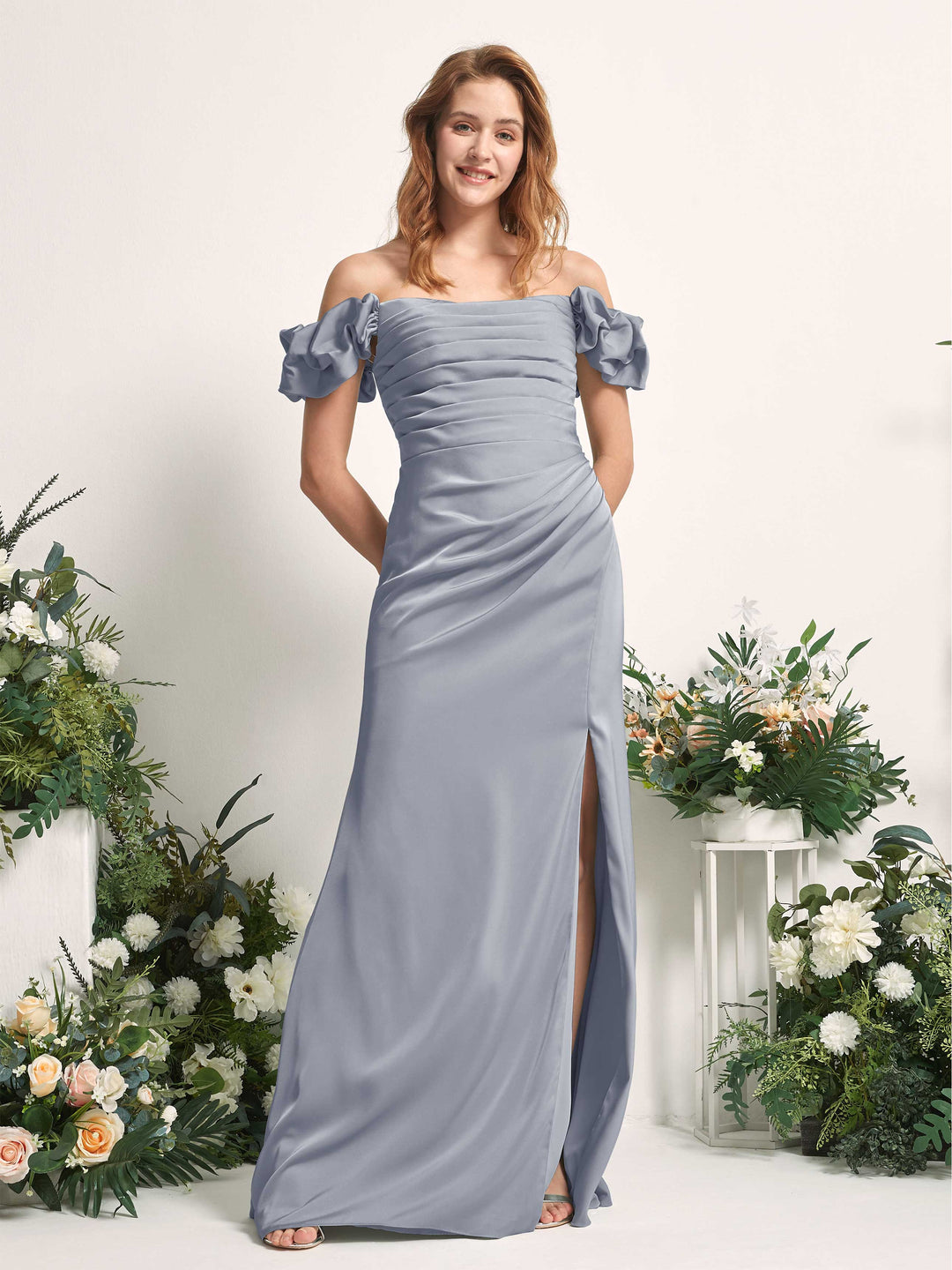 Carlyna Etui Bodenlang Carmen Ausschnitt Brautjungfernkleid Staubiges Blau 