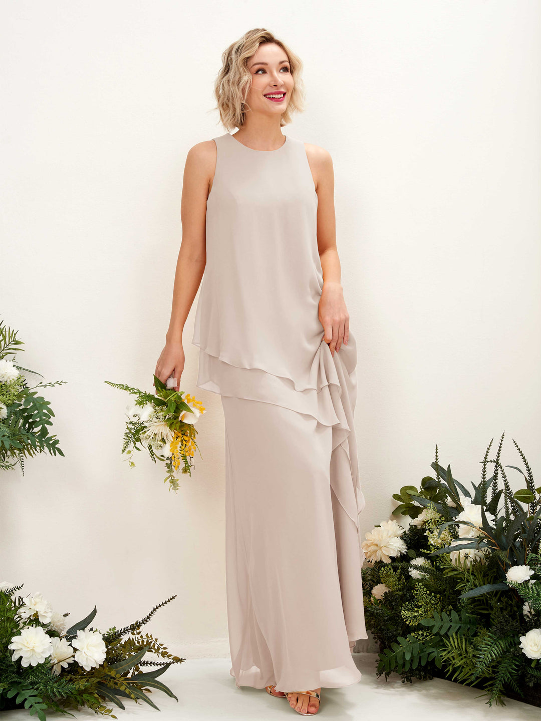 Carlyna Etui Bodenlang Rundhals Brautjungfernkleid Champagner 