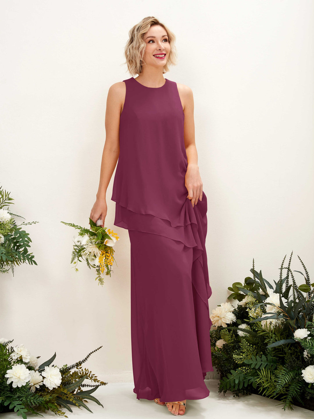 Carlyna Etui Bodenlang Rundhals Brautjungfernkleid Chianti 