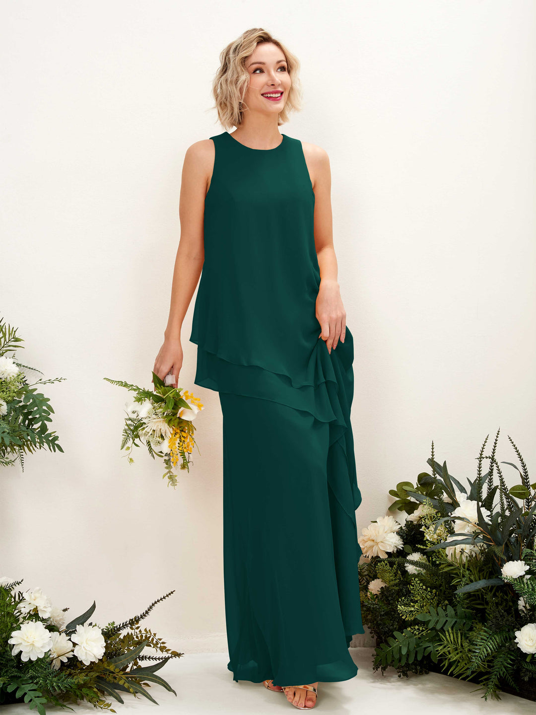 Carlyna Etui Bodenlang Rundhals Brautjungfernkleid Dunkelsmaragd 