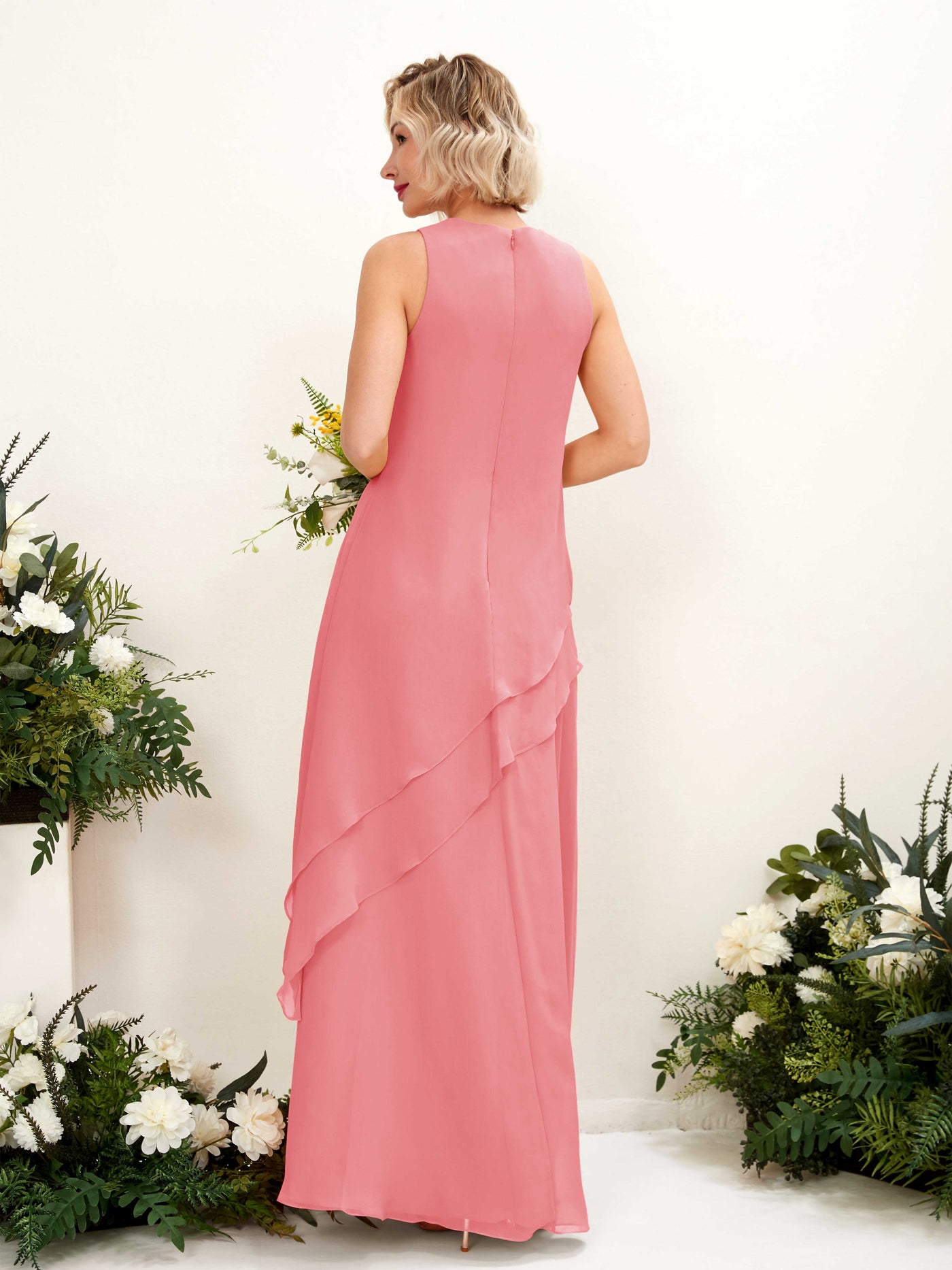 Carlyna Etui Bodenlang Rundhals Brautjungfernkleid Korallenrosa #farbe_korallenrosa