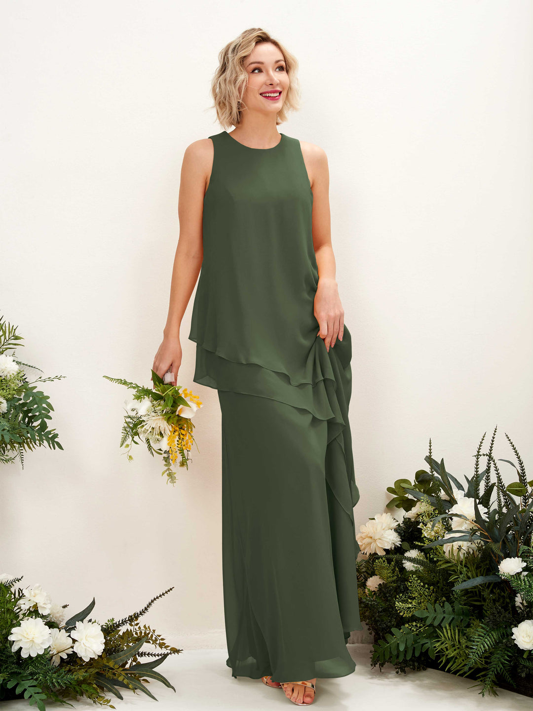 Carlyna Etui Bodenlang Rundhals Brautjungfernkleid Martini-Olive 