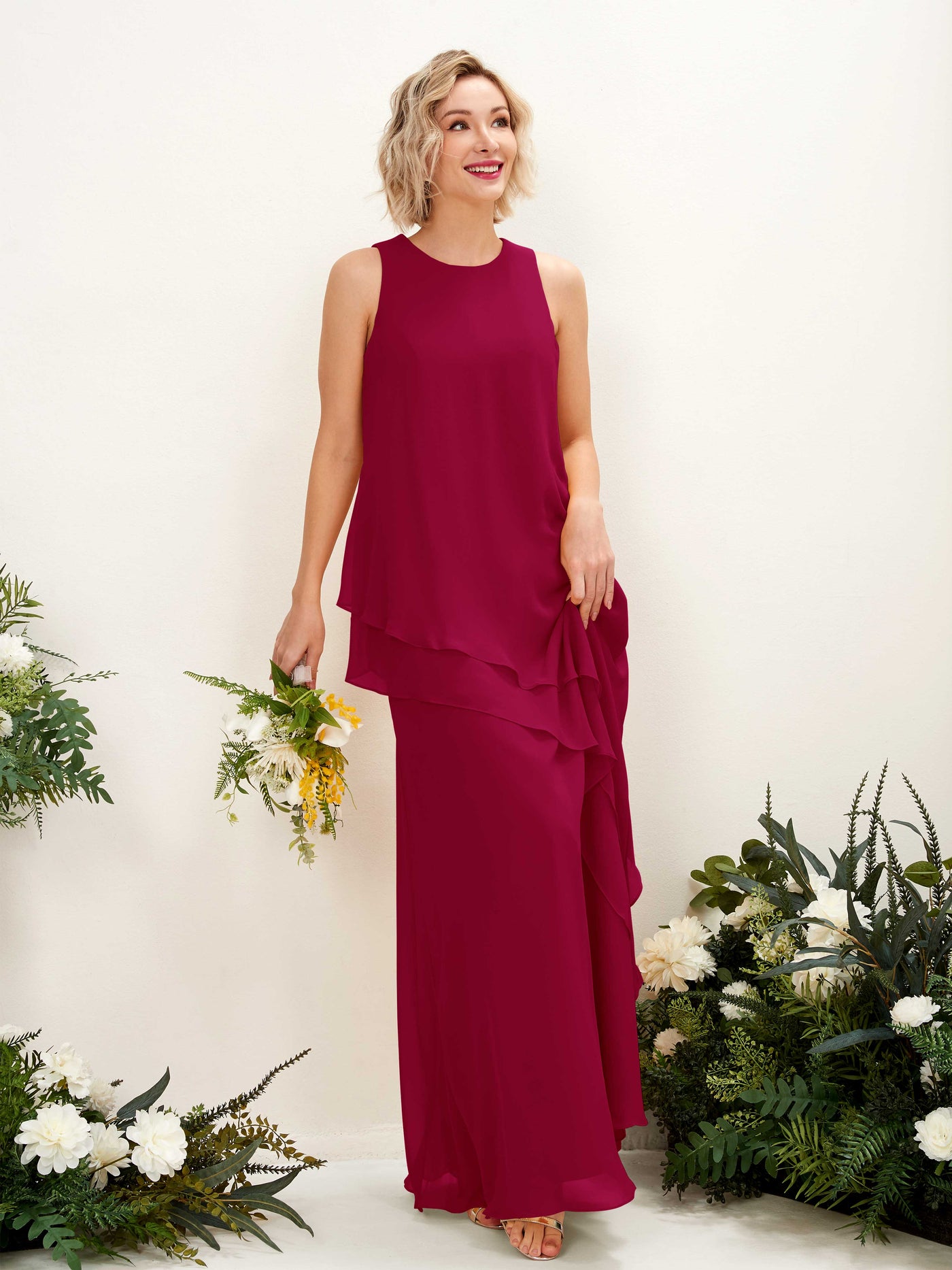 Carlyna Etui Bodenlang Rundhals Brautjungfernkleid Narrenrot #farbe_narrenrot