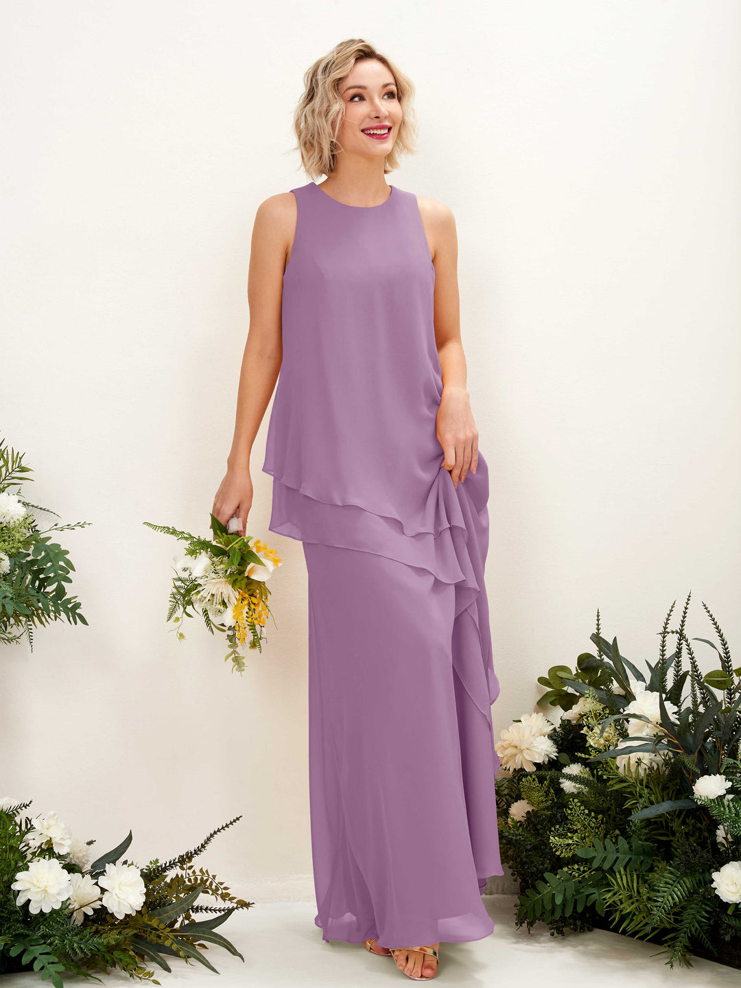 Carlyna Etui Bodenlang Rundhals Brautjungfernkleid Orchideen-Nebel 