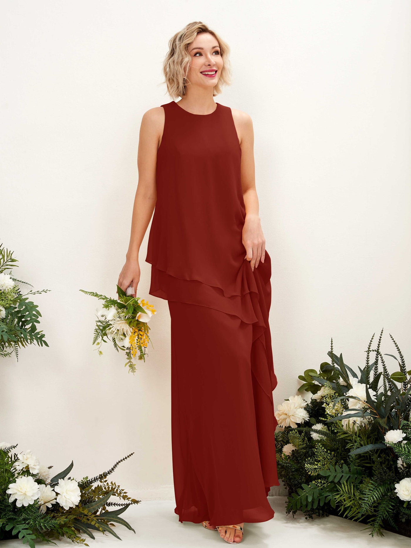 Carlyna Etui Bodenlang Rundhals Brautjungfernkleid Rostrot #farbe_rostrot