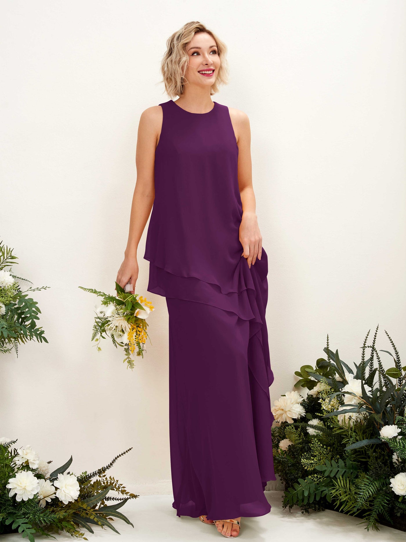 Carlyna Etui Bodenlang Rundhals Brautjungfernkleid Traube #farbe_traube