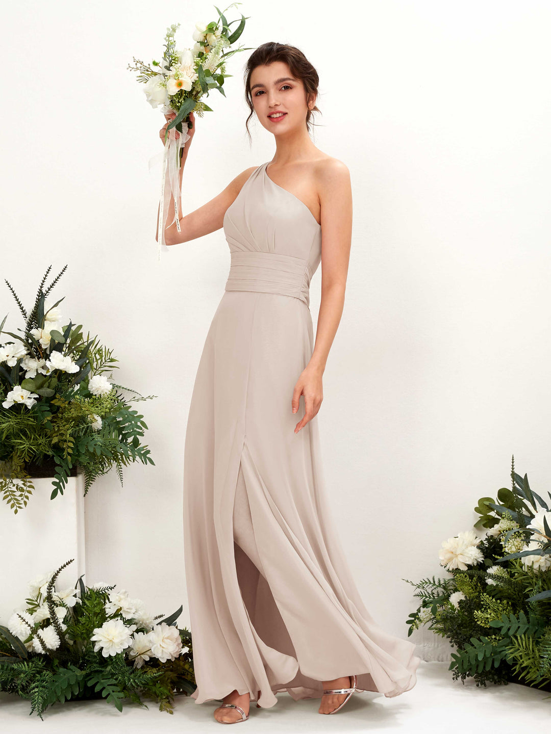 Carlyna Etui Bodenlanges One-Shoulder Kleid mit Beinschlitz Chiffon Brautjungfernkleider Champagner 