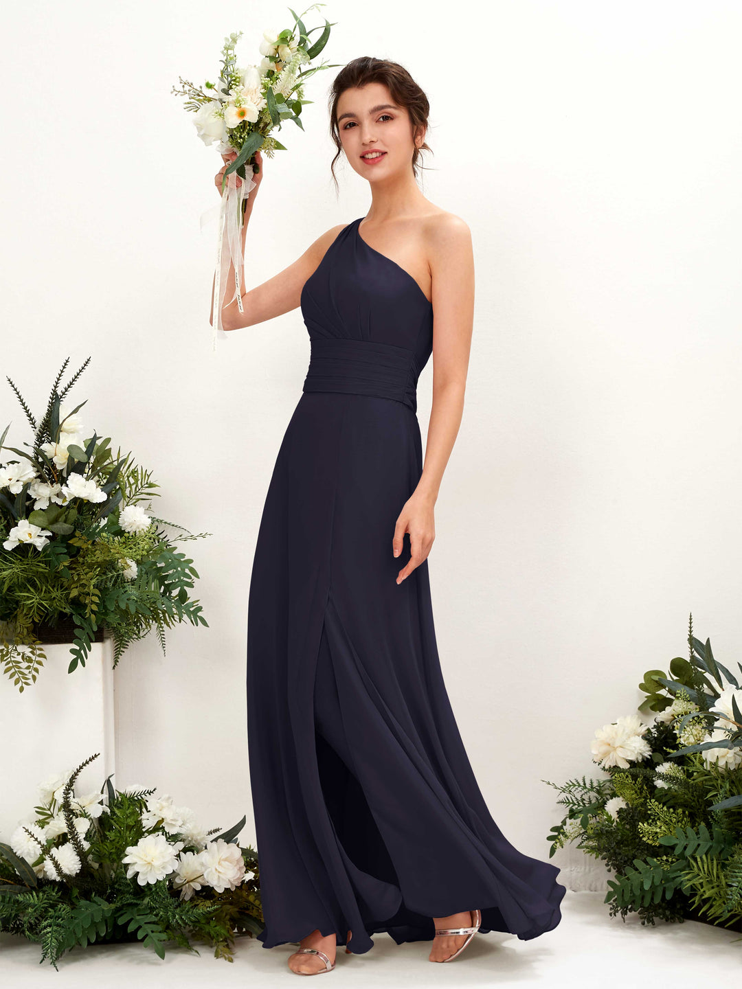 Carlyna Etui Bodenlanges One-Shoulder Kleid mit Beinschlitz Chiffon Brautjungfernkleider Dunkel Marineblau 