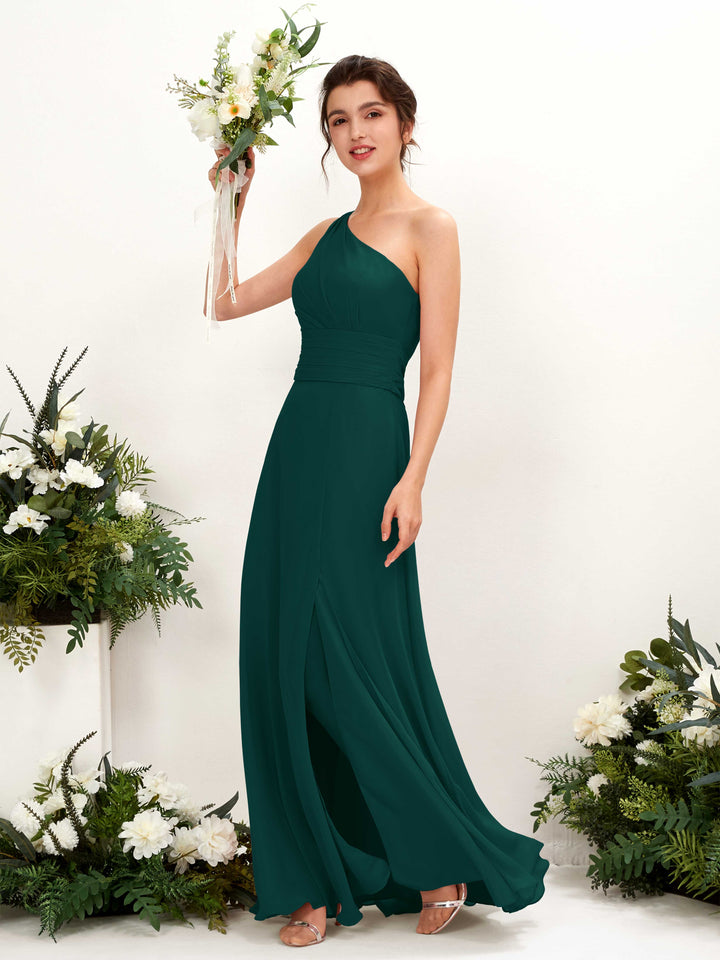 Carlyna Etui Bodenlanges One-Shoulder Kleid mit Beinschlitz Chiffon Brautjungfernkleider Dunkelsmaragd 