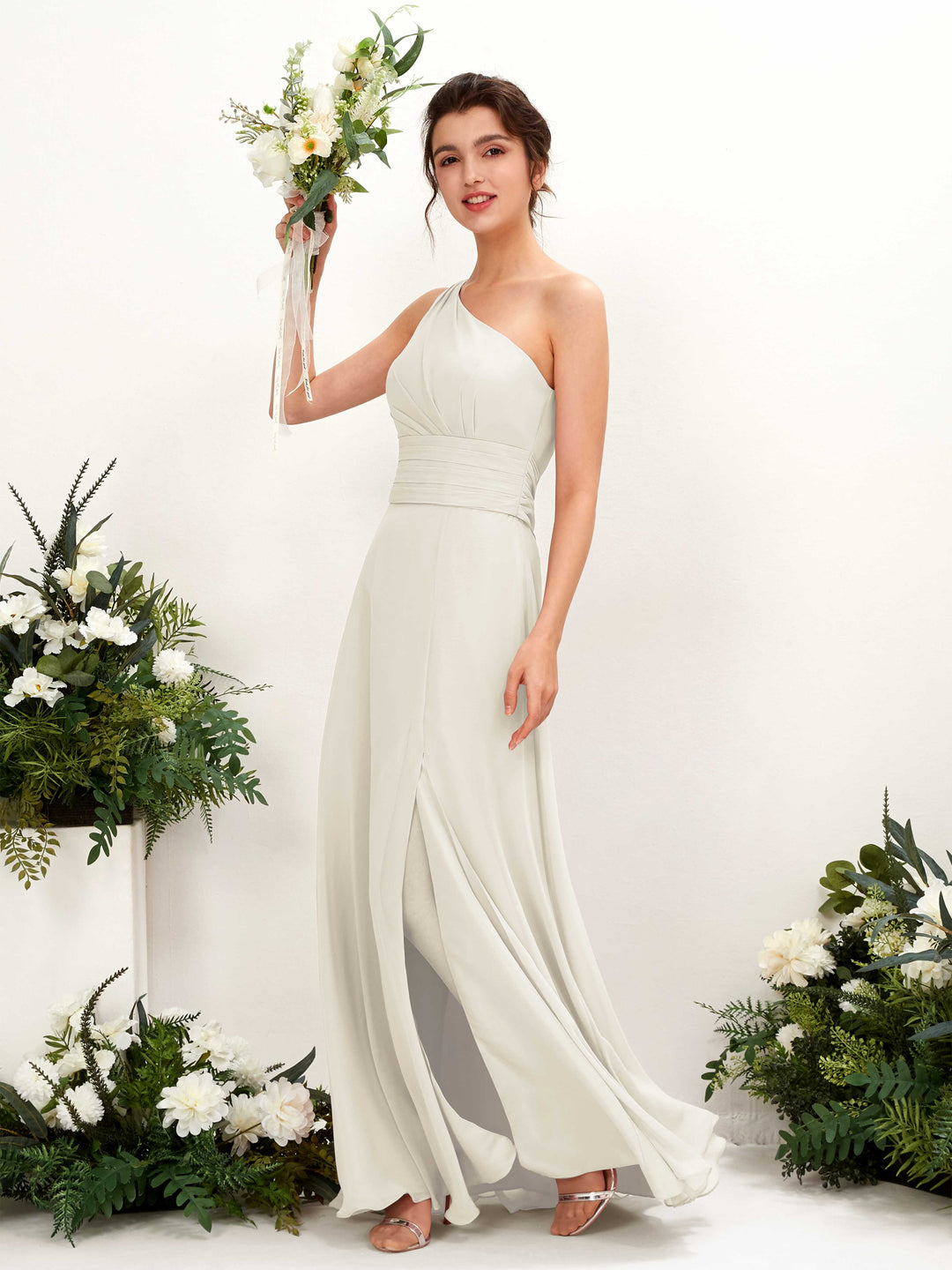 Carlyna Etui Bodenlanges One-Shoulder Kleid mit Beinschlitz Chiffon Brautjungfernkleider Elfenbein 