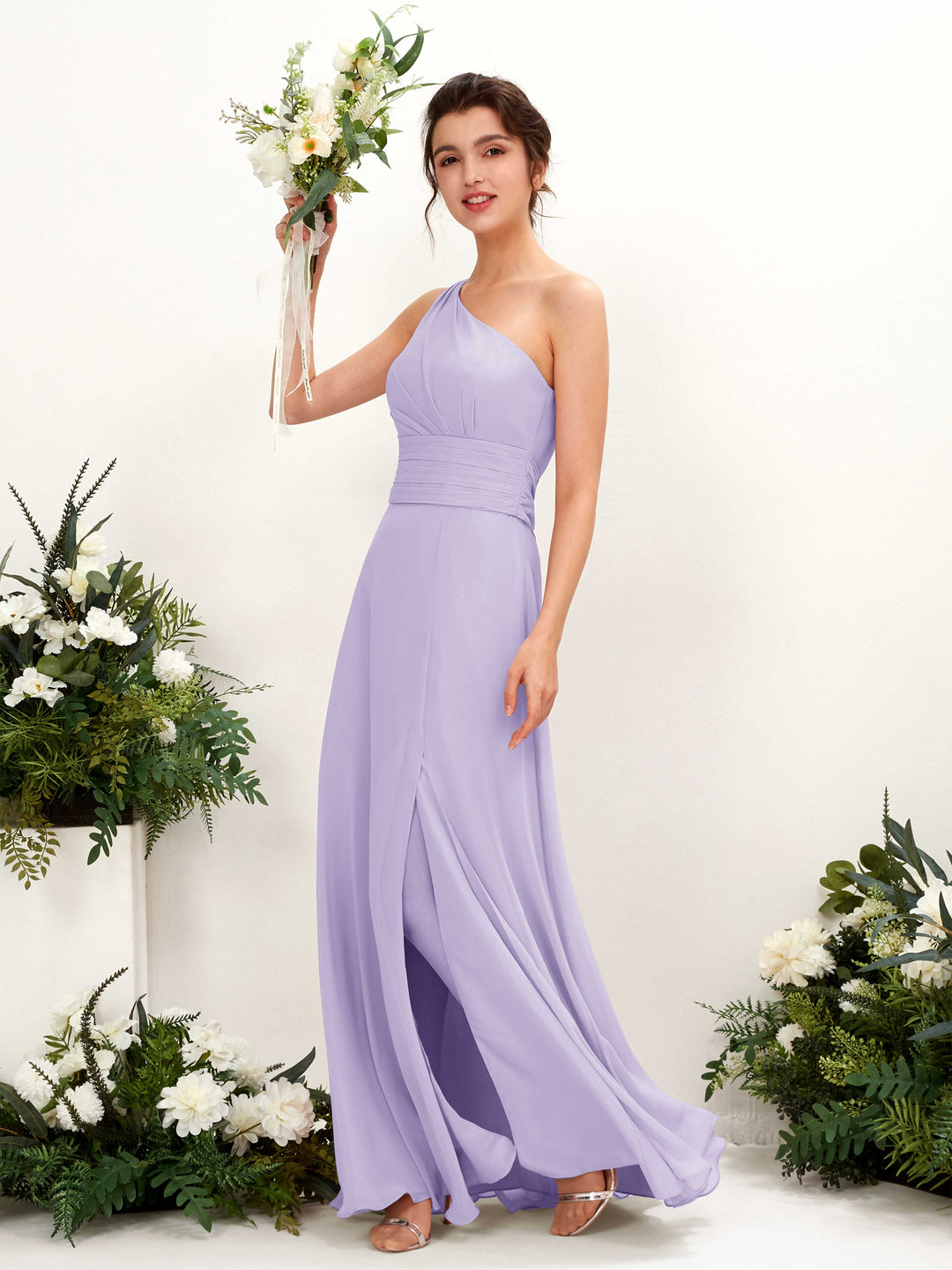 Carlyna Etui Bodenlanges One-Shoulder Kleid mit Beinschlitz Chiffon Brautjungfernkleider Flieder 