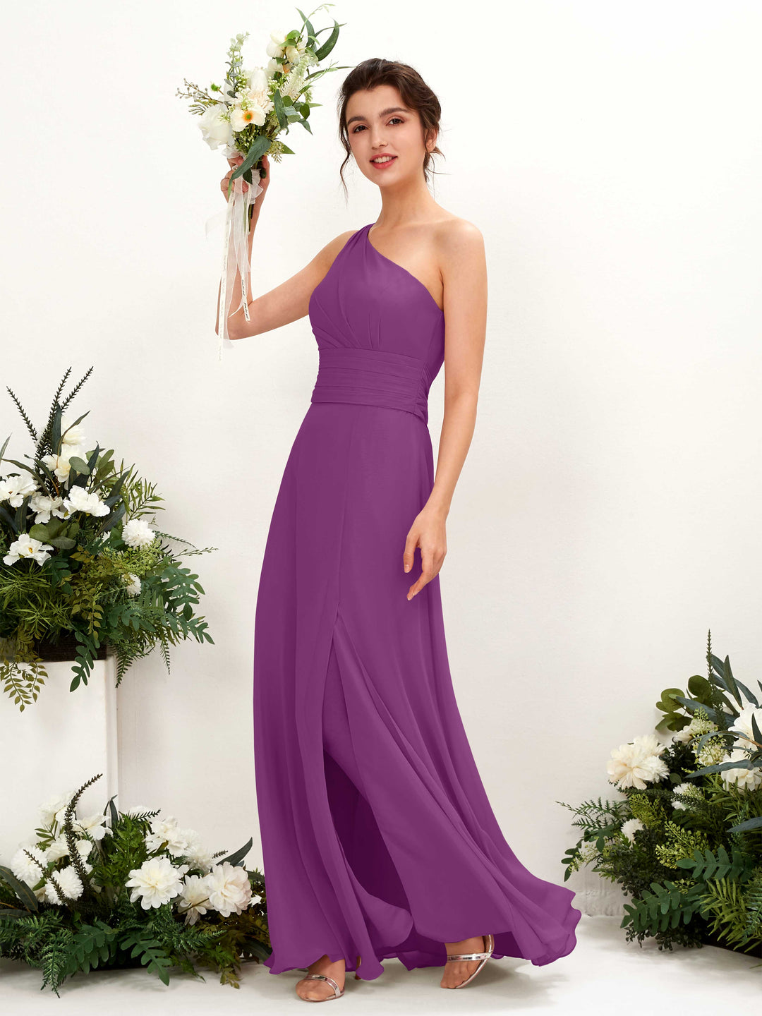 Carlyna Etui Bodenlanges One-Shoulder Kleid mit Beinschlitz Chiffon Brautjungfernkleider Lila 