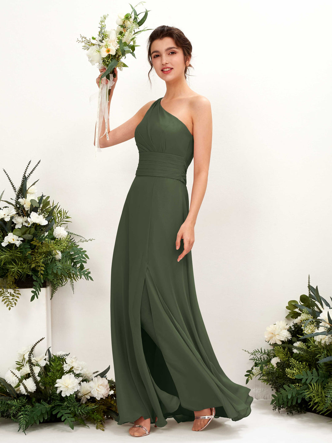 Carlyna Etui Bodenlanges One-Shoulder Kleid mit Beinschlitz Chiffon Brautjungfernkleider Martini-Olive 