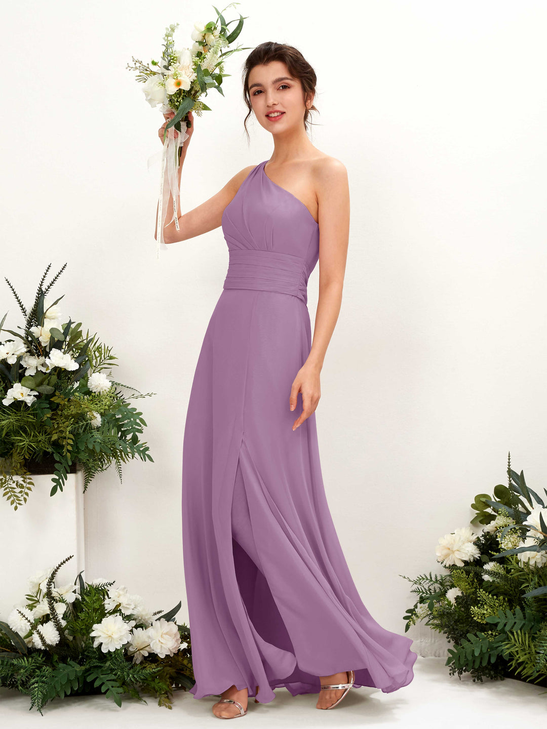 Carlyna Etui Bodenlanges One-Shoulder Kleid mit Beinschlitz Chiffon Brautjungfernkleider Orchideen-Nebel 